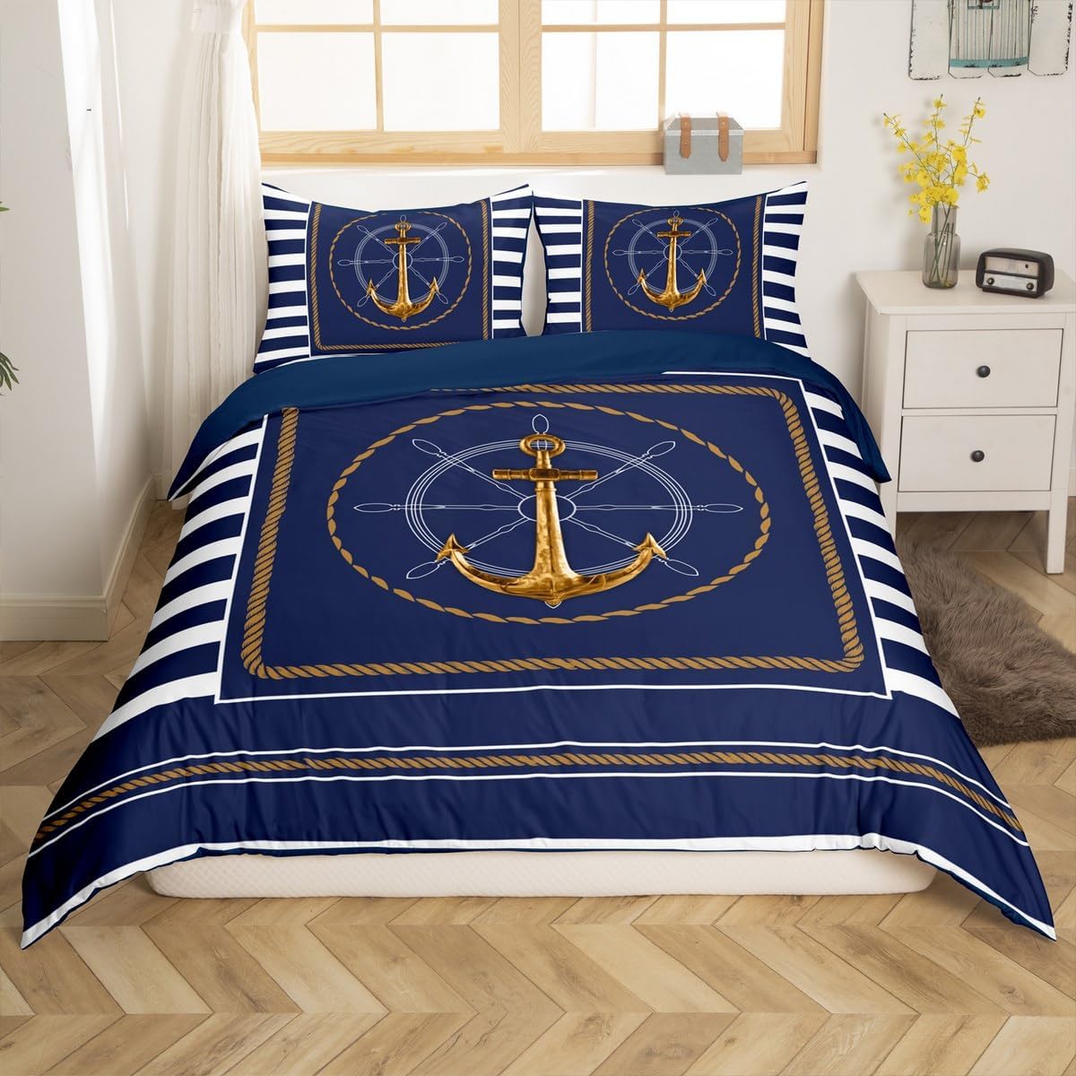 jejeloiu Anchor Decor Bedding Set Queen Size Nautical Themed Duvet Cover for Boys Girls Teens Ocean Comforter Cover Set Sea Adventure Bedspread Cover Navy Blue Quilt Cover，No Comforter