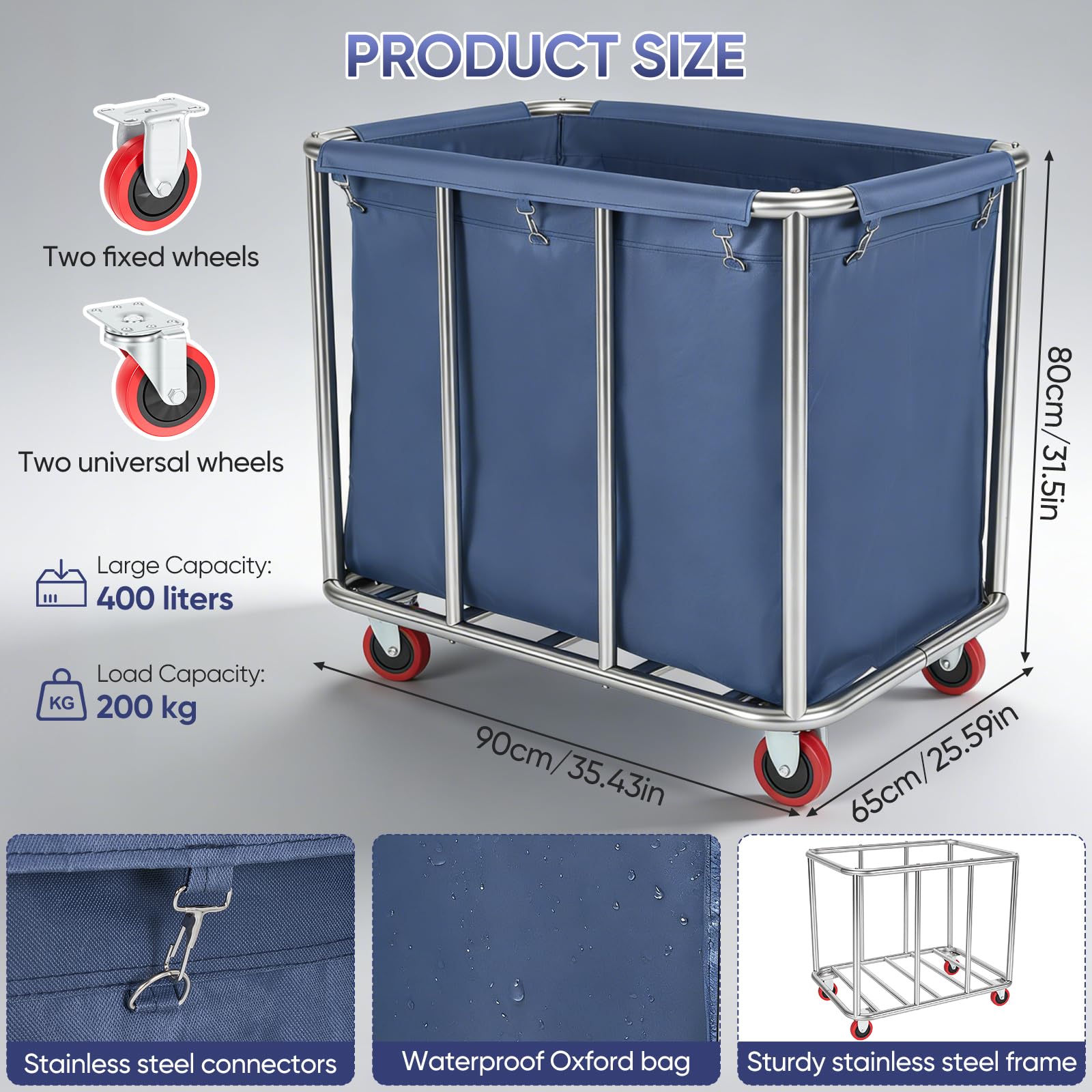 Carrello Per Biancheria, Cesto Portabiancheria Cesti Portabiancheria Commerciali In Acciaio Inox Con Ruote Commerciale Impermeabile Antiruggine Rimovibile Grandi Per Casa Hotel Lavanderia 90X65X81Cm