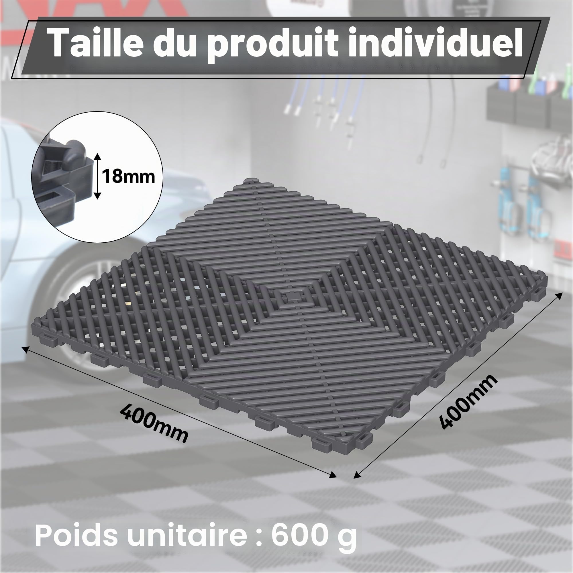 Lot de 20 dalles de sol en polypropylène 40 x 40 cm - Tapis de sol de garage emboîtables - Tapis de drainage pour garage, intérieur extérieur, piscine, capacité de charge : 3200 kg (3,2 m²)