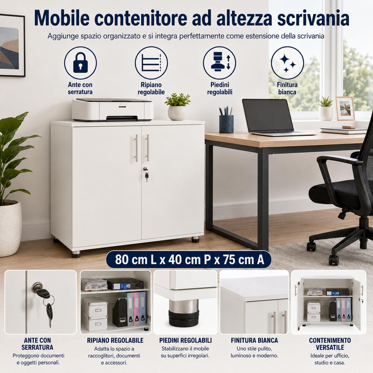 Ufficio Bianco Armadio Armadio scrivania 2 Ante libreria con Serratura Altezza 73 cm Estensione scrivania Altezza