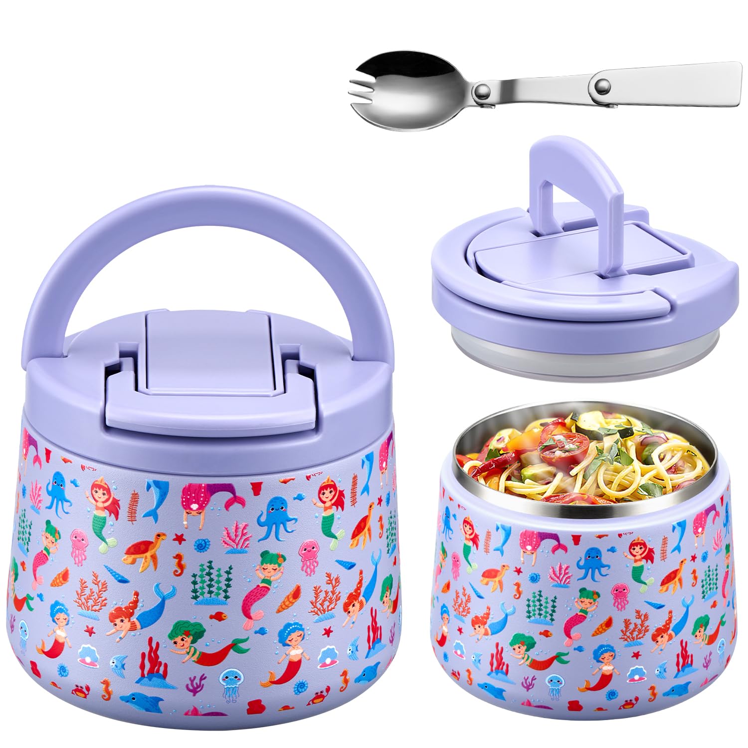 Itslife Thermos per Alimenti 420ml, Contenitore Termico per Alimenti di Acciaio Inossidabile con Cucchiaio Pieghevole, Lunch Box Termico per Picnic, Scuola e Ufficio, Oceano