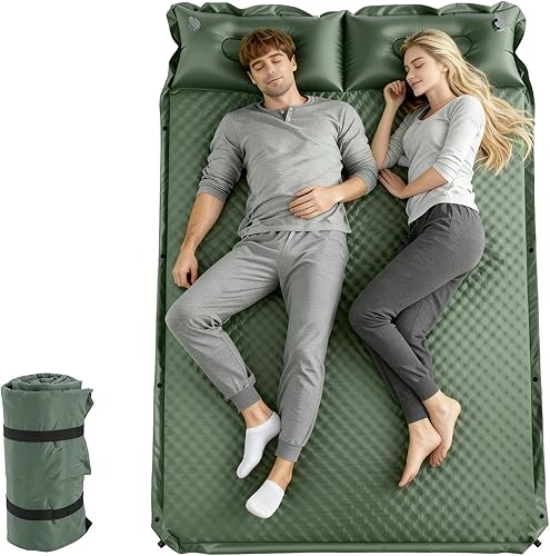 Colchoneta de dormir doble para acampar con almohada, colchón de espuma viscoelástica de 2 pulgadas para 2 personas, almohadilla de campamento