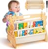 Toddler Double Sided 4 Tier Wooden Bookshelf, Portable Montessori Bookcase with Storage Shelves, Small Nursery Bedroom Playroom Furniture Organizer for Kids Baby(wooden)