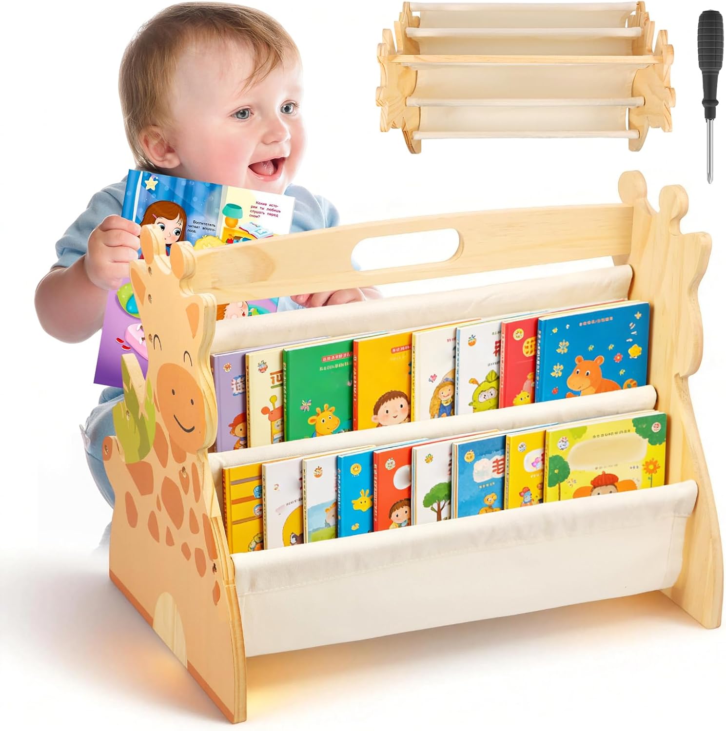 Wooden Toddler Bookshelf Double-Sided Montessori Book Rack for Nursery Kids Playroom Portable Nursery Book Shelves Reading Habit Bookcase Organizer for Children Bedroom Classroom(43x28x34cm)