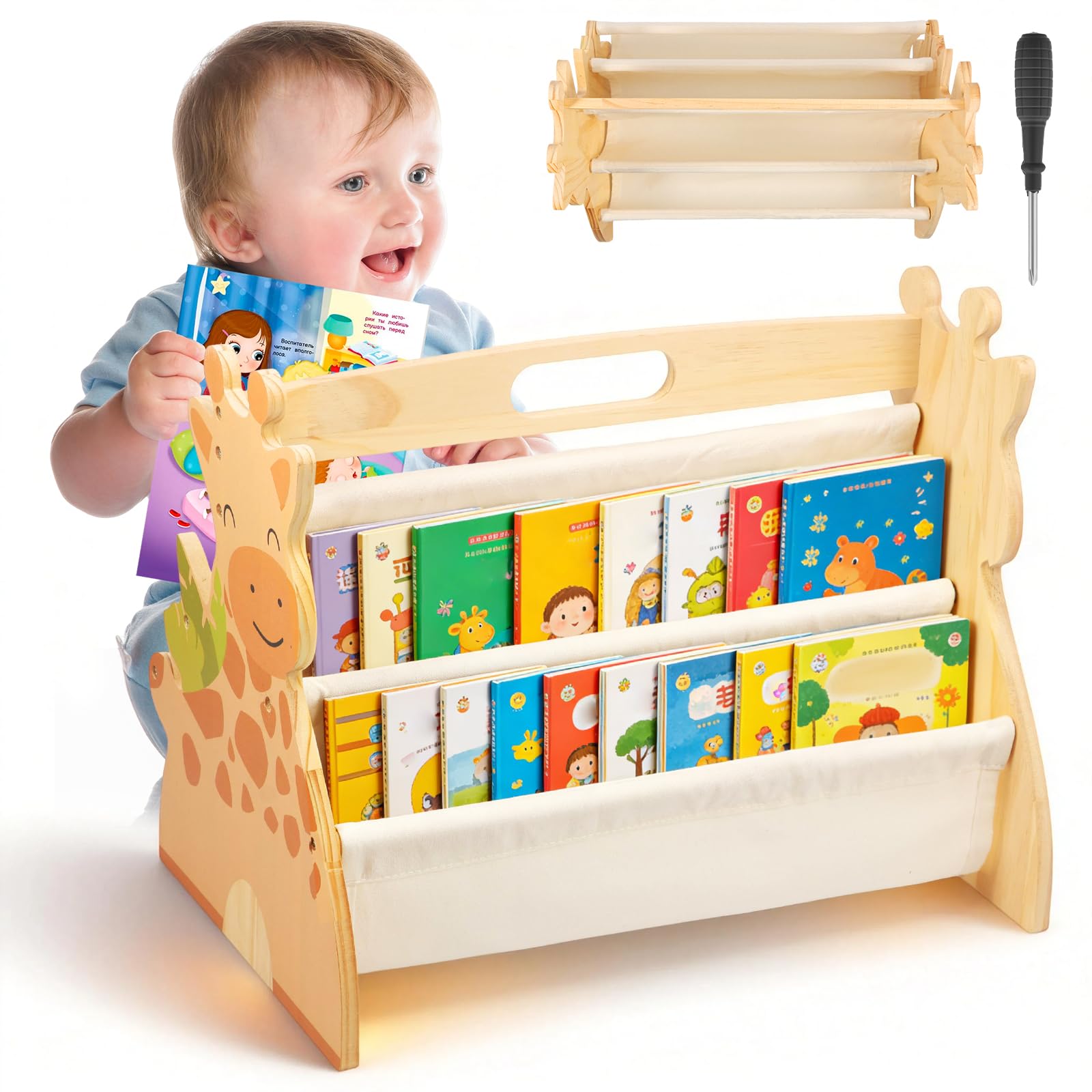 Gatphy Wooden Toddler Bookshelf Double-Sided Montessori Book Rack for Nursery Kids Playroom Portable Nursery Book Shelves Reading Habit Bookcase Organizer for Children Bedroom Classroom(43x28x34cm)