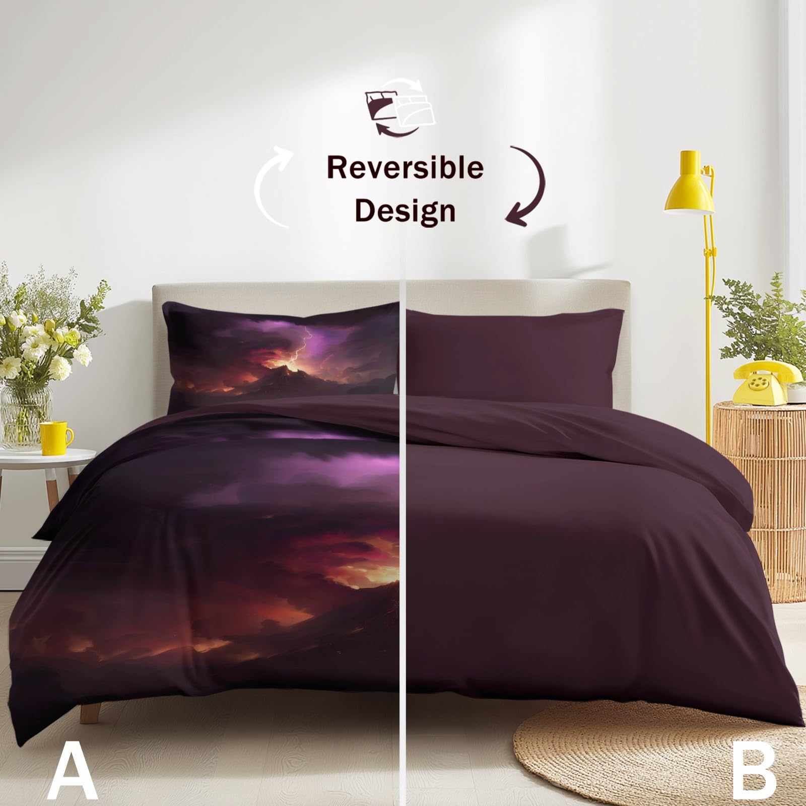Set copripiumino ultra morbido, antipiega e facile da pulire, 200 x 200 cm, 3 pezzi, con federa, dramatic disaster, vulcano, fumo, fulmini, lava, paesaggio scuro