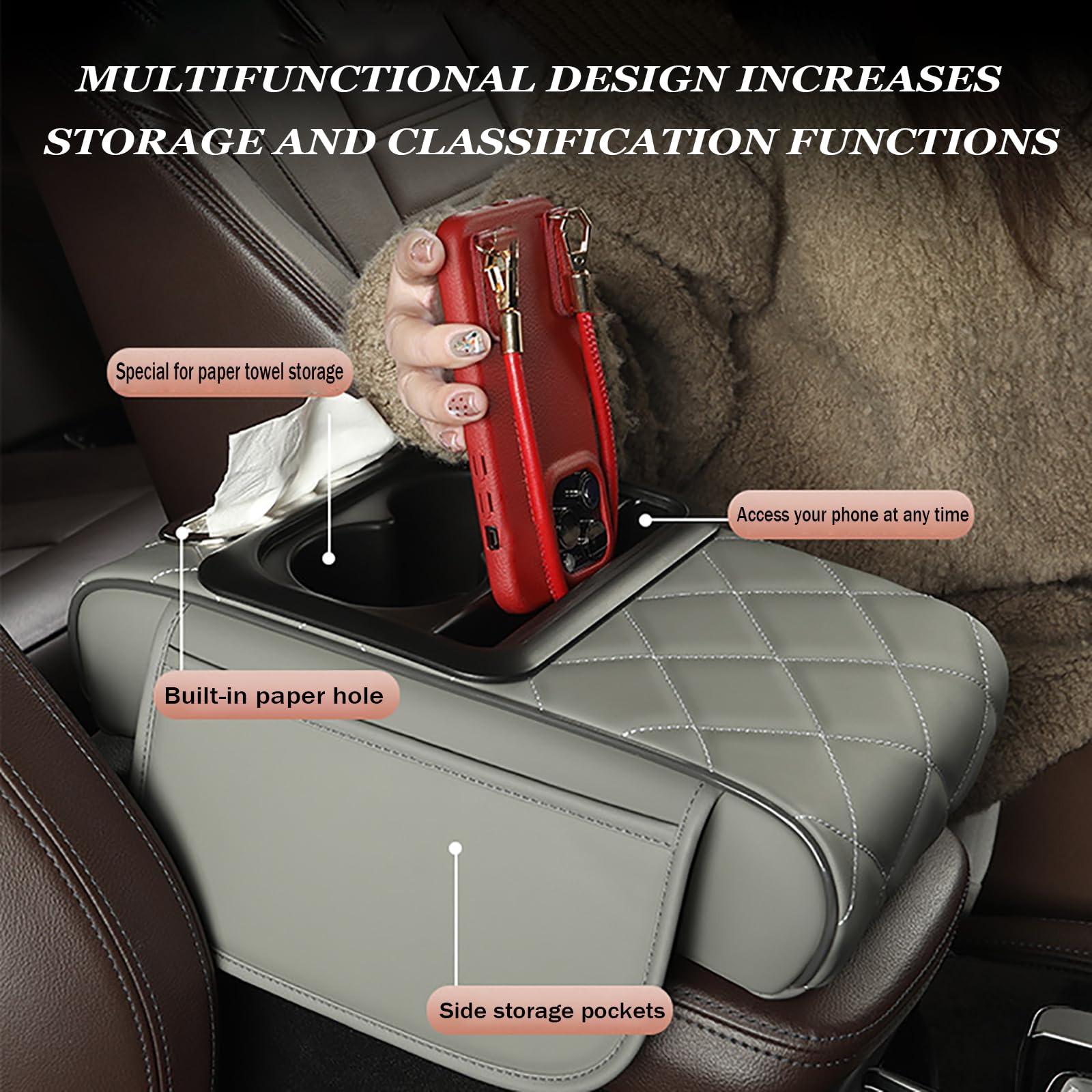 Copri Bracciolo Auto per Jeep Cherokee/Liberty KK 2008 2009 2010 2011 2012, Copertura Console Centrale Auto, Cuscino per Bracciolo Auto con 2 Tasche Portaoggetti,C Grey
