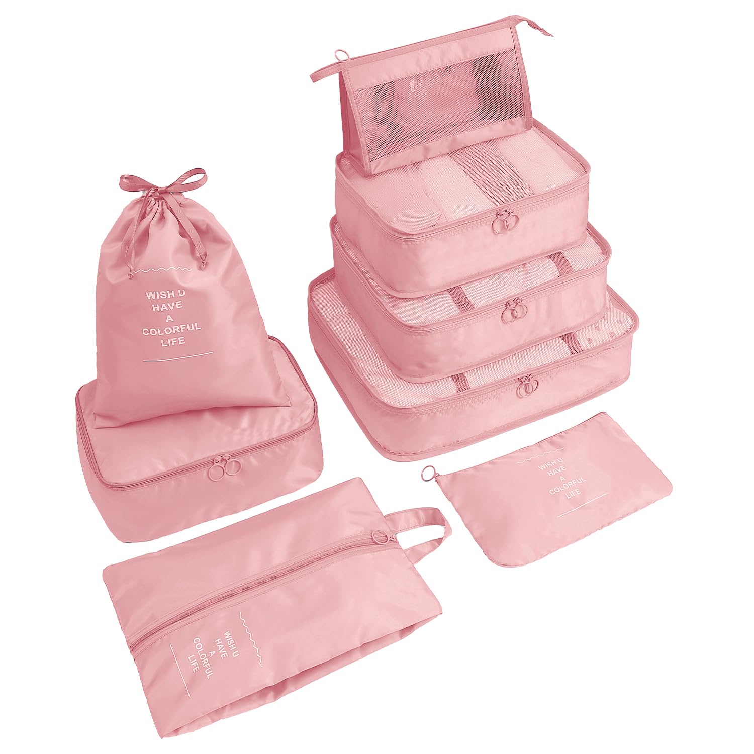 Suitcase Organiser Bag Set Ultimate Travel Packing Efficiency Pack of 8 Packing Cube. (Pink)