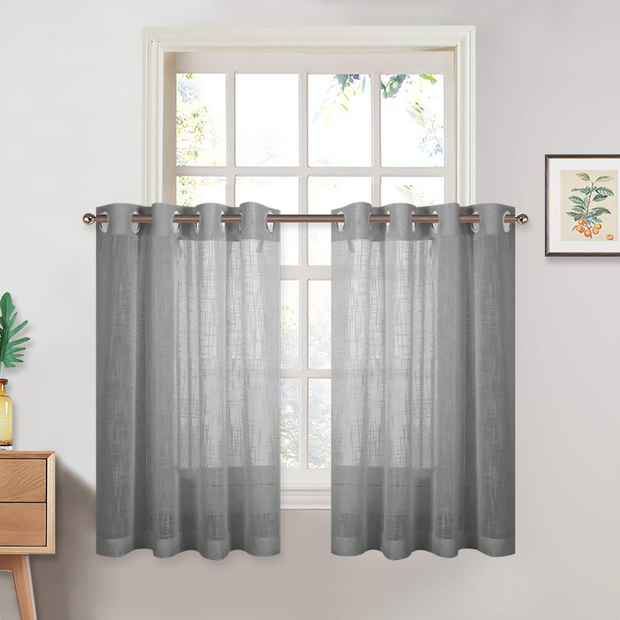 NICETOWN Linen Textured Look Curtains - Casual Grommet Semi-Transparent Sheer Kitchen Window/Room Decoration Panels, Grey, 52" Wide by 36" Long, Set of 2