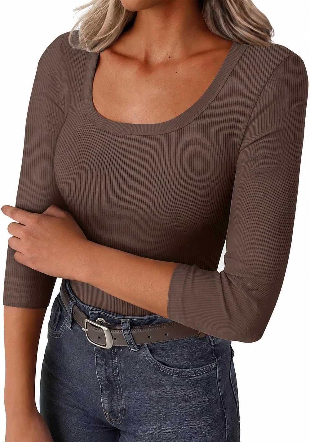 GKBK Womens 3/4 Sleeve Scoop Neck Top Ribbed Knit Slim Fitted Casual Basic Tee Shirts 2026 Fall Trendy Work T-Shirt Outfits