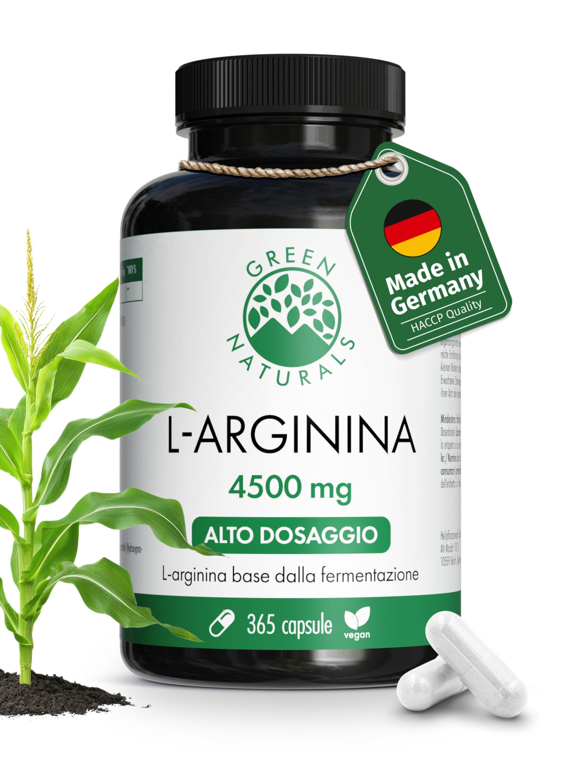 Green Naturals® L-Arginina – Ad alto dosaggio 4.500 mg per dose giornaliera – L-arginina base pura da fermentazione naturale – 100% vegana & senza additivi – 365 capsule (60 giorni)