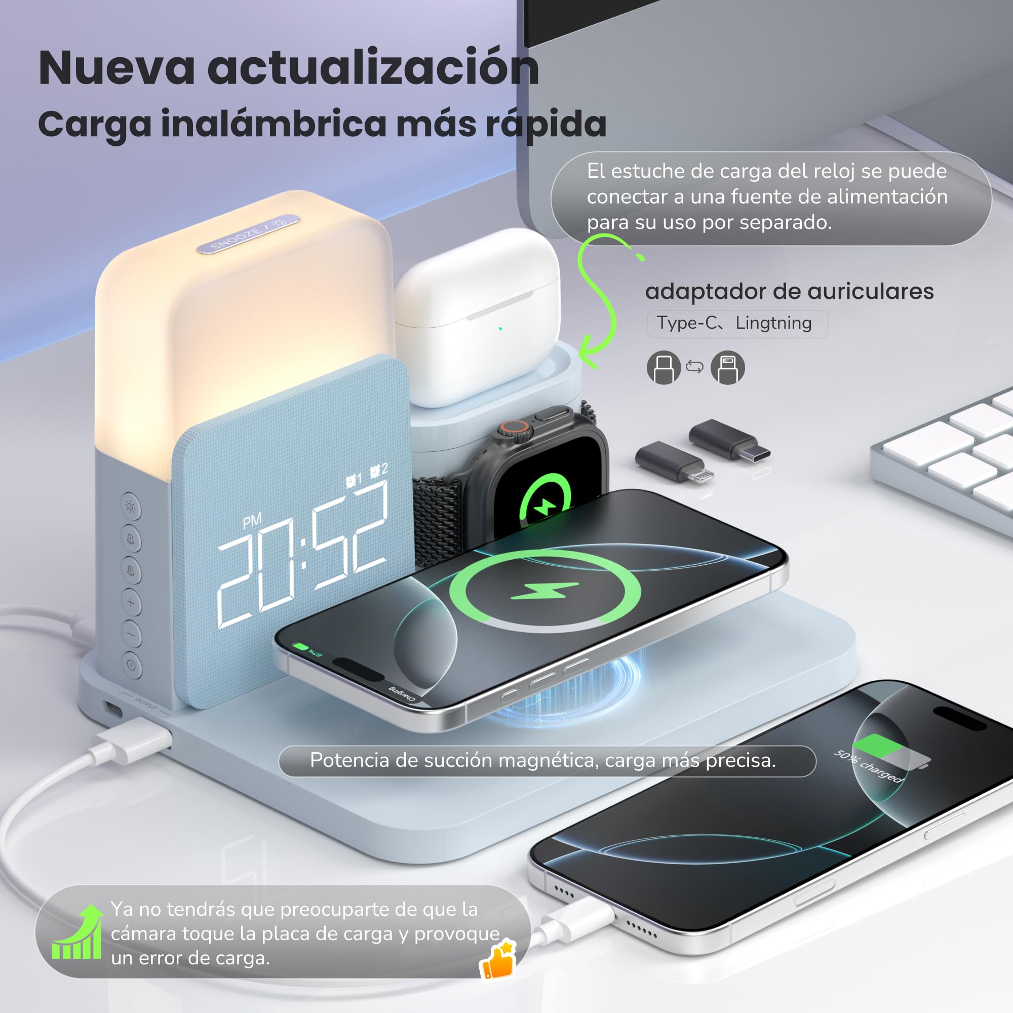 COLSUR Estación de Carga 7 en 1 para Apple Watch iPhone Airpods Cargador inalámbrico rápido de 15W para iPhone 17/16/15/14/13 lámpara de Noche con función de Carga Despertador Azul