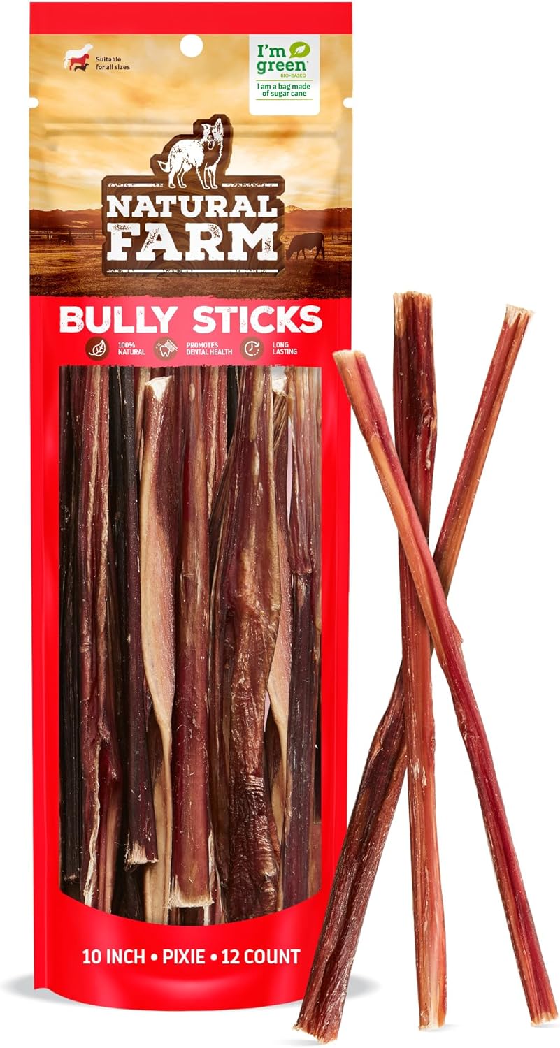 Natural Farm Pet Pizzle Bully Sticks (10 Inch, 12 Pack), Pixie Chew, Extra-Thin Pet Treats - Grain-Free, High Protein, Best Rawhide Alternative for Small, Puppies or Senior Dogs