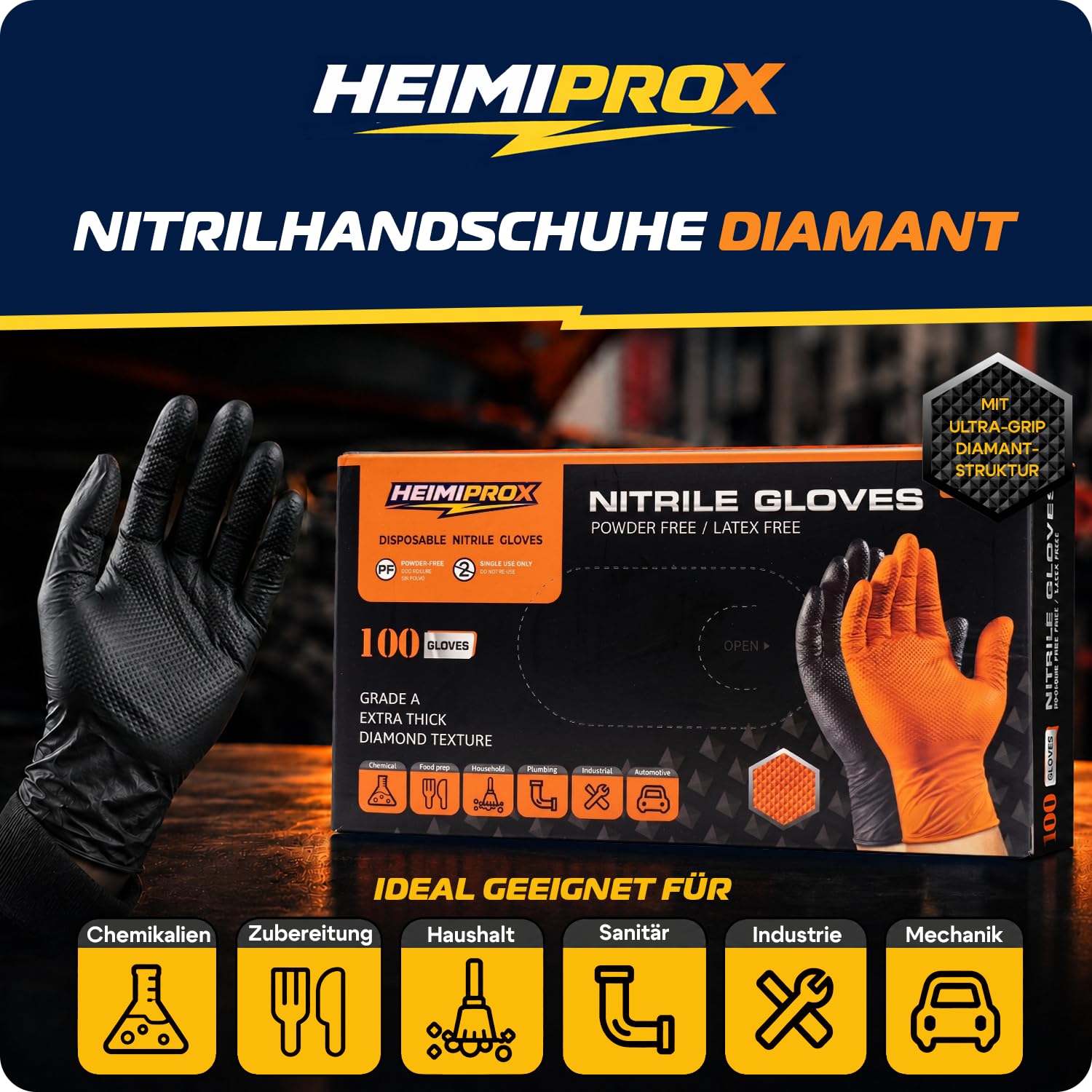 Nitrilhandschuhe extra dick mit Diamanttextur für starken Grip – Einweghandschuhe puderfrei, latexfreie Handschuhe silikonfrei – verstärkte Stulpe, Schwarz (L, 1000, stück, 10)