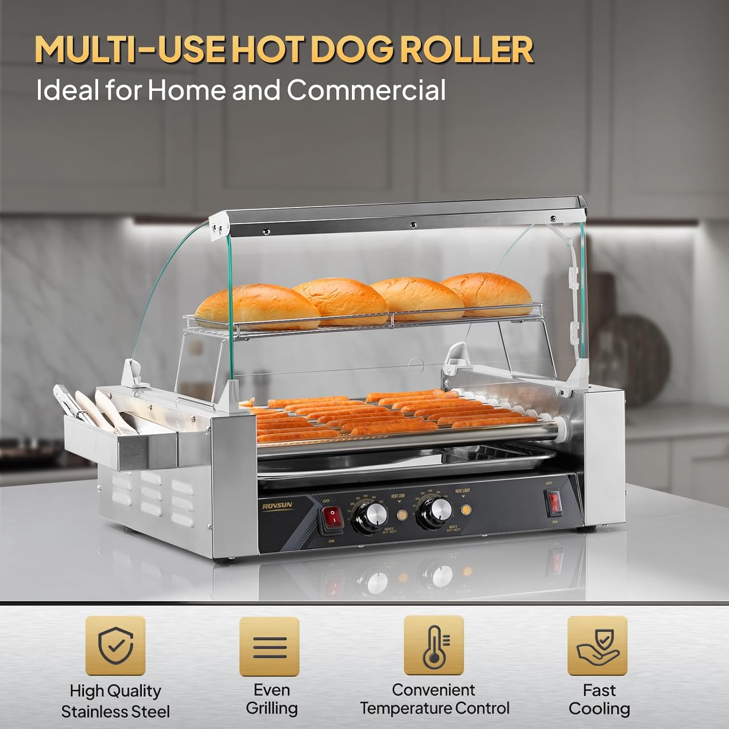 24 Hot Dog 9 Roller 1350W, Hot Dog Roller Grill Cooker Machine w/LED Lighting, Dual Temp Control, Cover, Removable Shelf & Drip Tray for Home Party Commercial ETL Certified