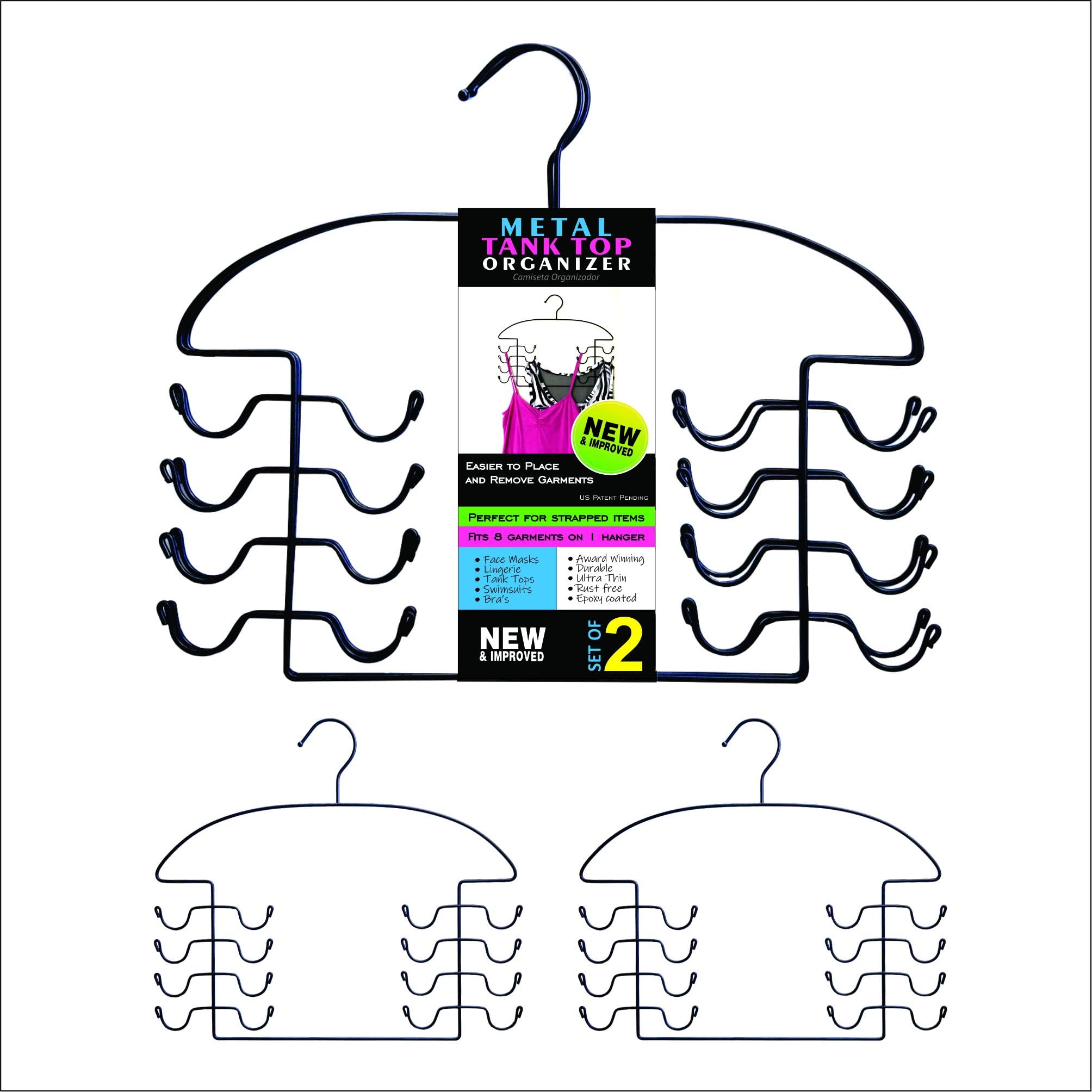 Tank Top Closet Organizer Hangers 2-Pc Set by Dr. Organizer – Black Steel, USA Patented – Space-Saving Multi-Hanger Holds 8 Garments – Rust-Resistant, Ultra-Thin, Durable for Closet & Laundry