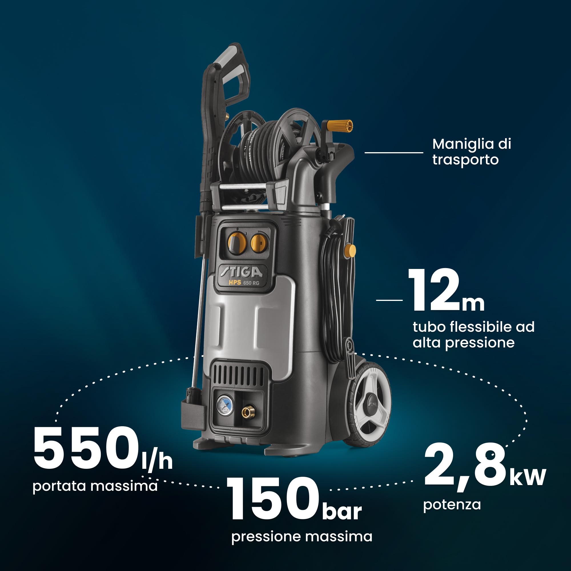 STIGA HPS 650 RG Idropulitrice Ad Alta Pressione, 2800 W, 150 bar, 550 l/h – Avvolgitubo Integr., Manico Telescopico – Pulizia Veicoli, Cortili E Piscine