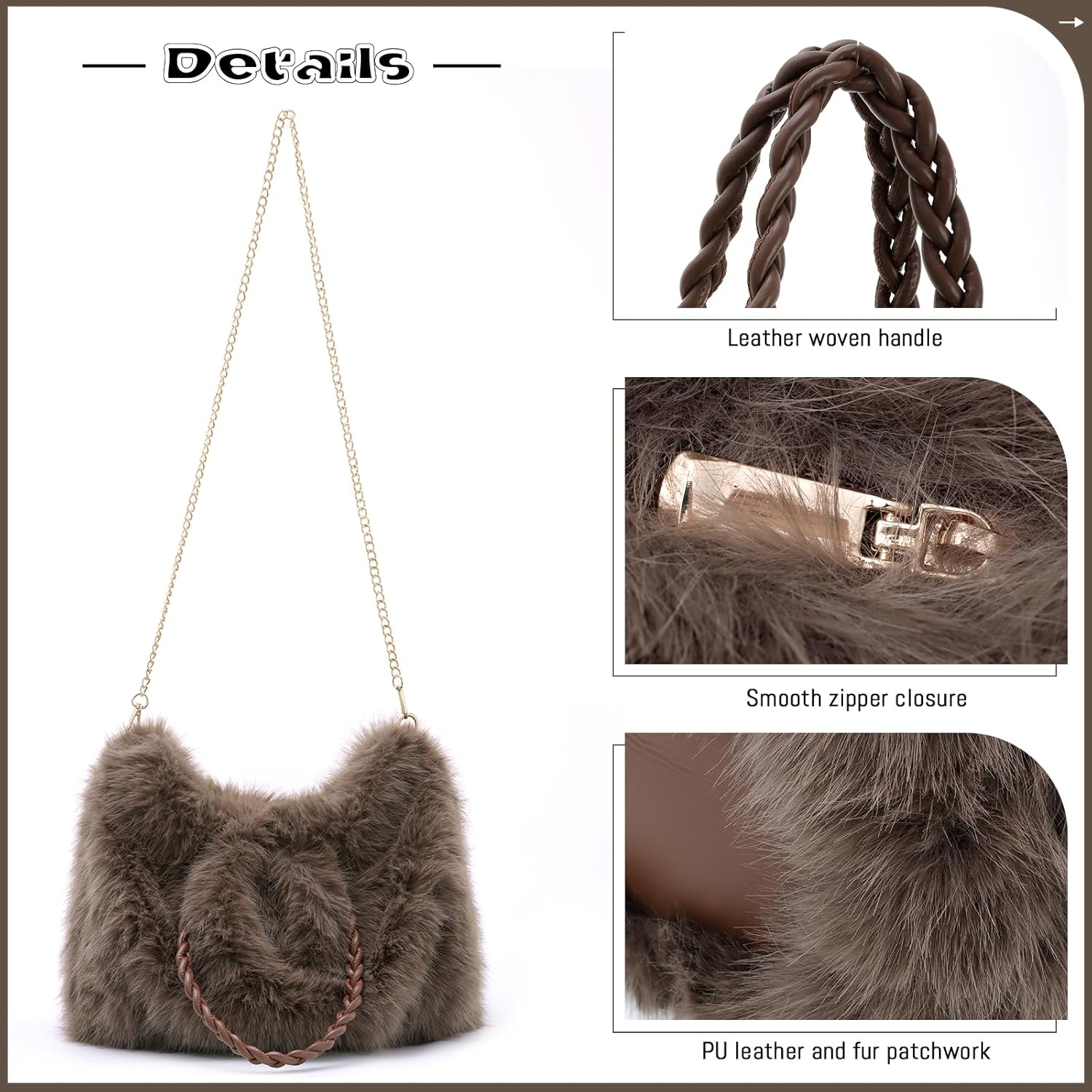 GOKTOW Faux Fur Purse for Women, Soft Fluffy Furry Fuzzy Handbag,3-Way Carry Tote Bag for Winter Daily Commute Shopping