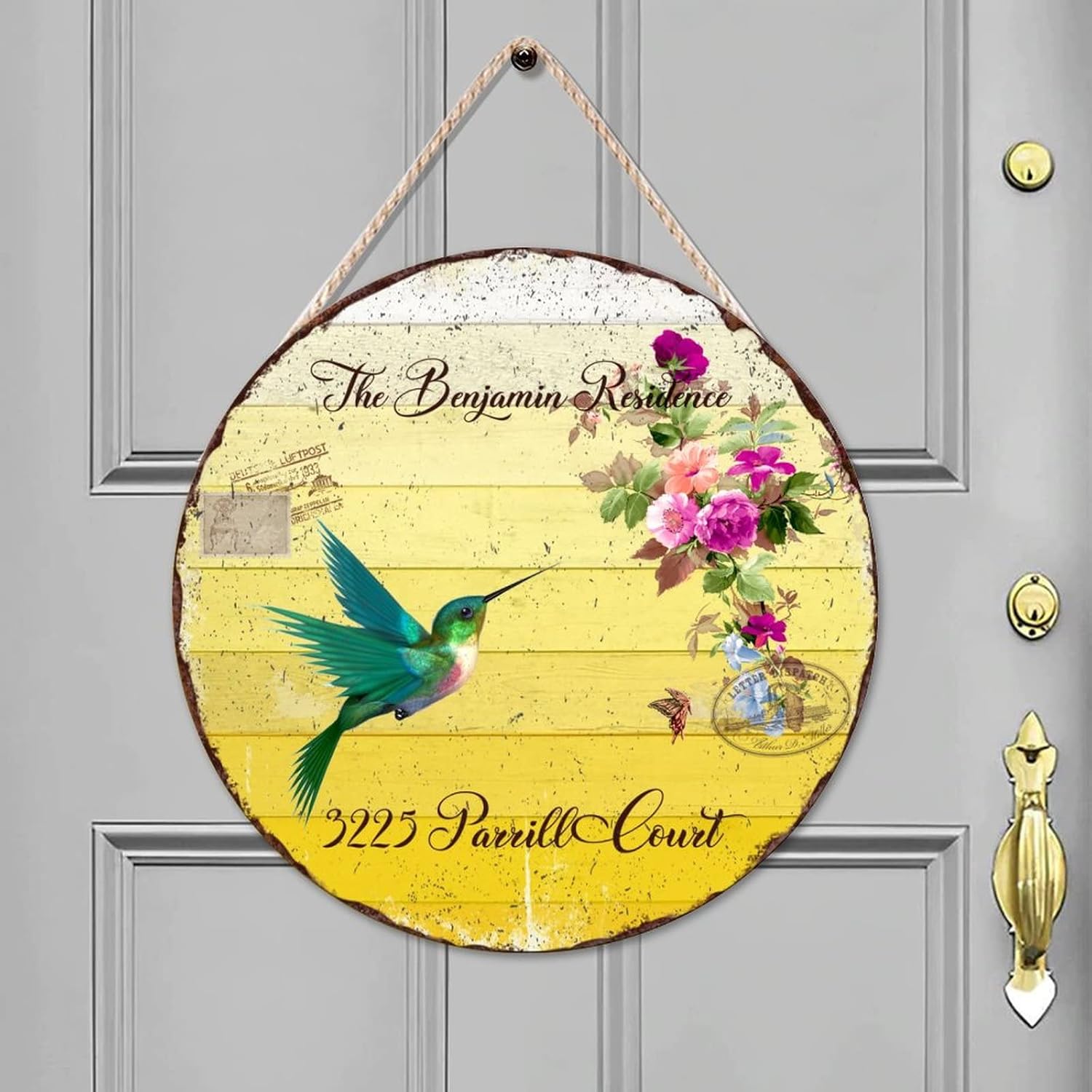 Custom Name Home Address Hummingbird Wood Door Sign, Custom Family Name Front Door Sign, 16" x16" Rustic Wall Hanging Sign Plaque, Welcome Farmhouse Front Porch Decor Housewarming Gifts