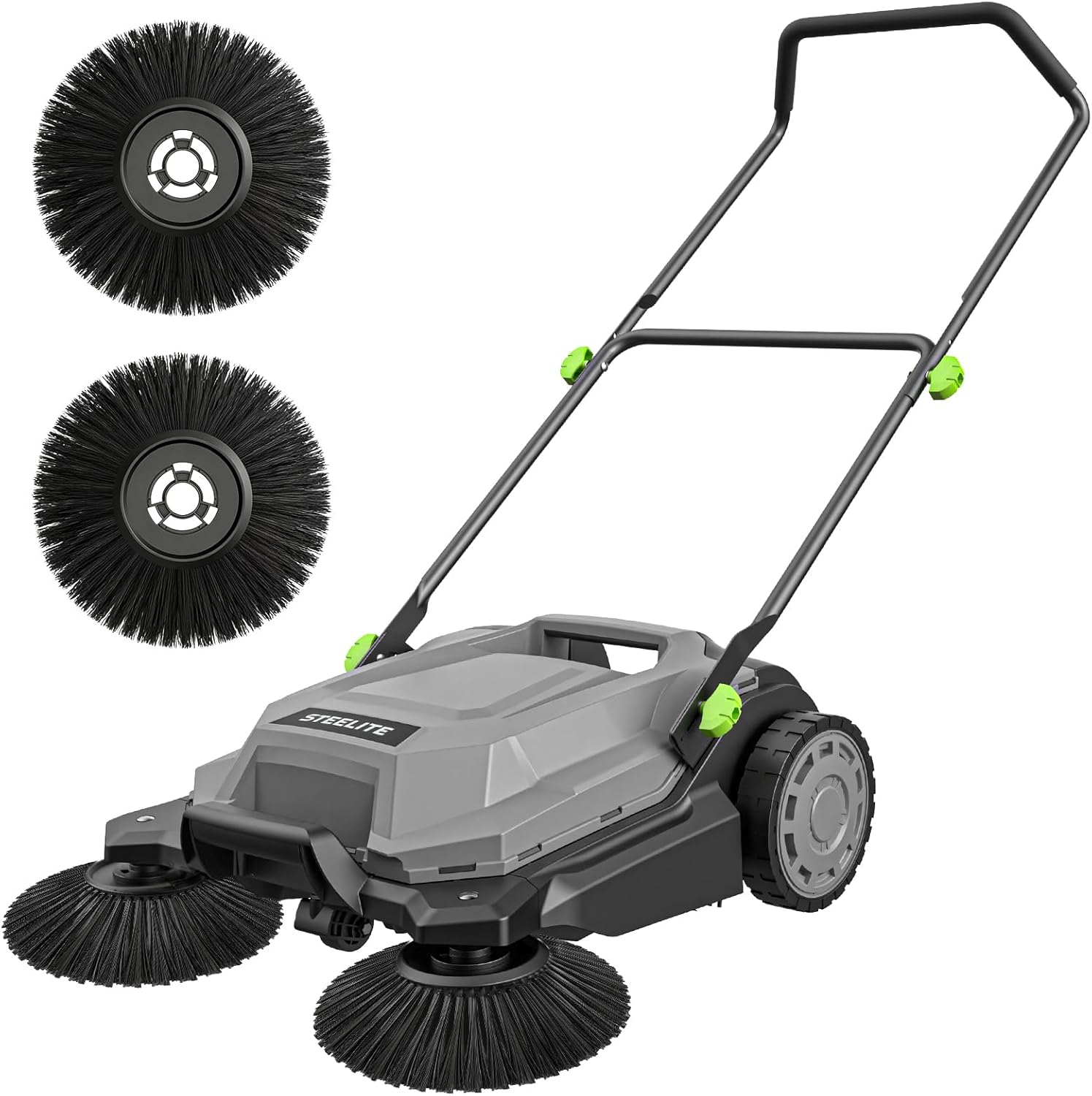 STEELITE Walk-Behind Hand Push Floor Sweeper, 26.8" Sweeping Width Floor Sweeper Manual Non-Electric, 6.35 Gal Waste Container, Angle & Height Adjustable Folding Handle for Walkway, Yard and Patio