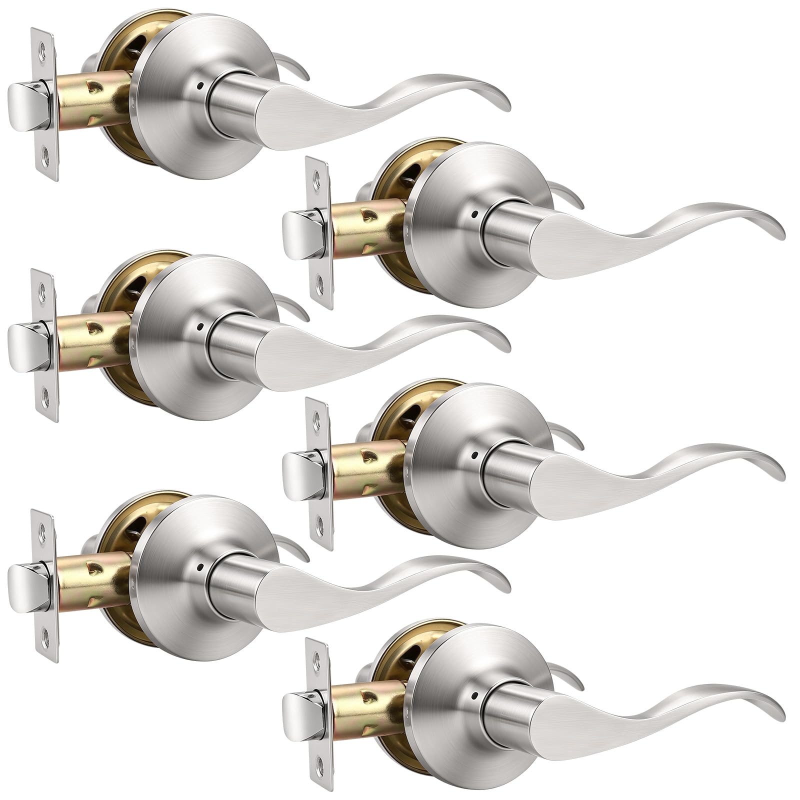 Mengico 6 Pack Satin Nickel Modern Interior Passage Door Knobs, Keyless Door Handle for Hallway &amp; Closet, Wave Style Non-Locking Door Lever Reversible for Left &amp; Right Handed