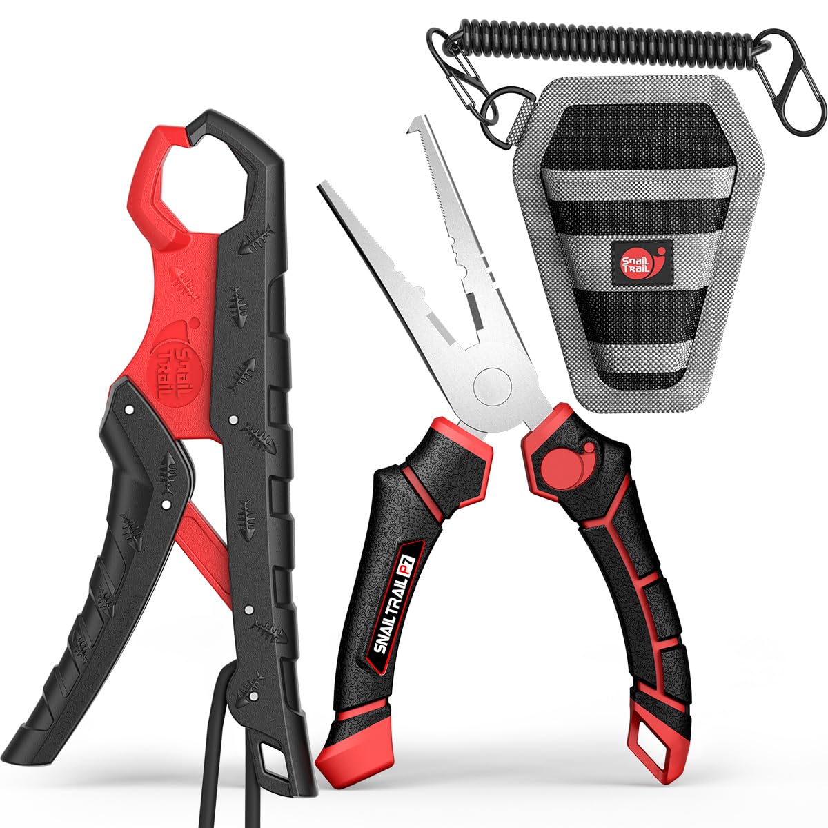 SNAIL TRAIL 7.5" Floating Fish Gripper & 7" Fishing Pliers Kit, Fishing Grabber, Catfish Mouth Pliers, Caught Bass Holder, Saltwater Lip Grip Tool with Lanyard, Hook Remover with Sheath
