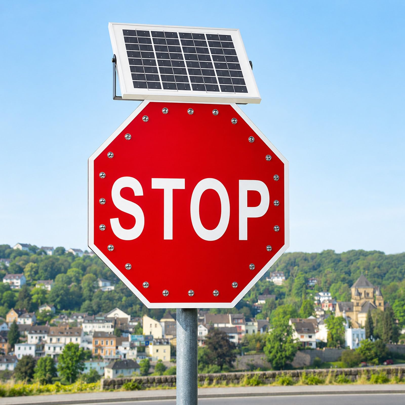 MIRRSSET Solar Power Stop Flashing Traffic Signs, Octagon,Metal Frame,Traffic Sign Board for Crossroad Street Warehouse 2×24in