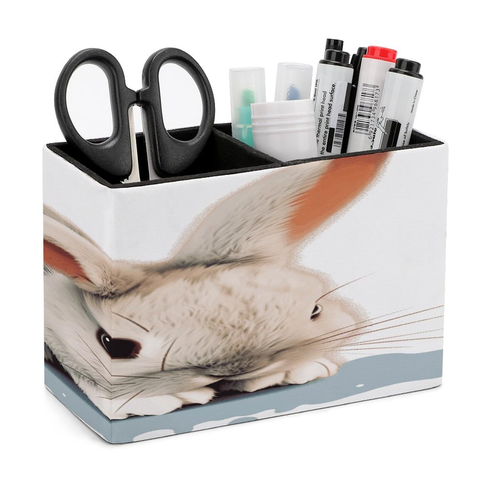 FekiLoot PU Leather Cry Rabbit Pen Holder for Desk 2 Compartments Desktop Stationary Organizer Rectangle Table Pencil Cup Stand Desktop Stationery Organizer Case for Office Home