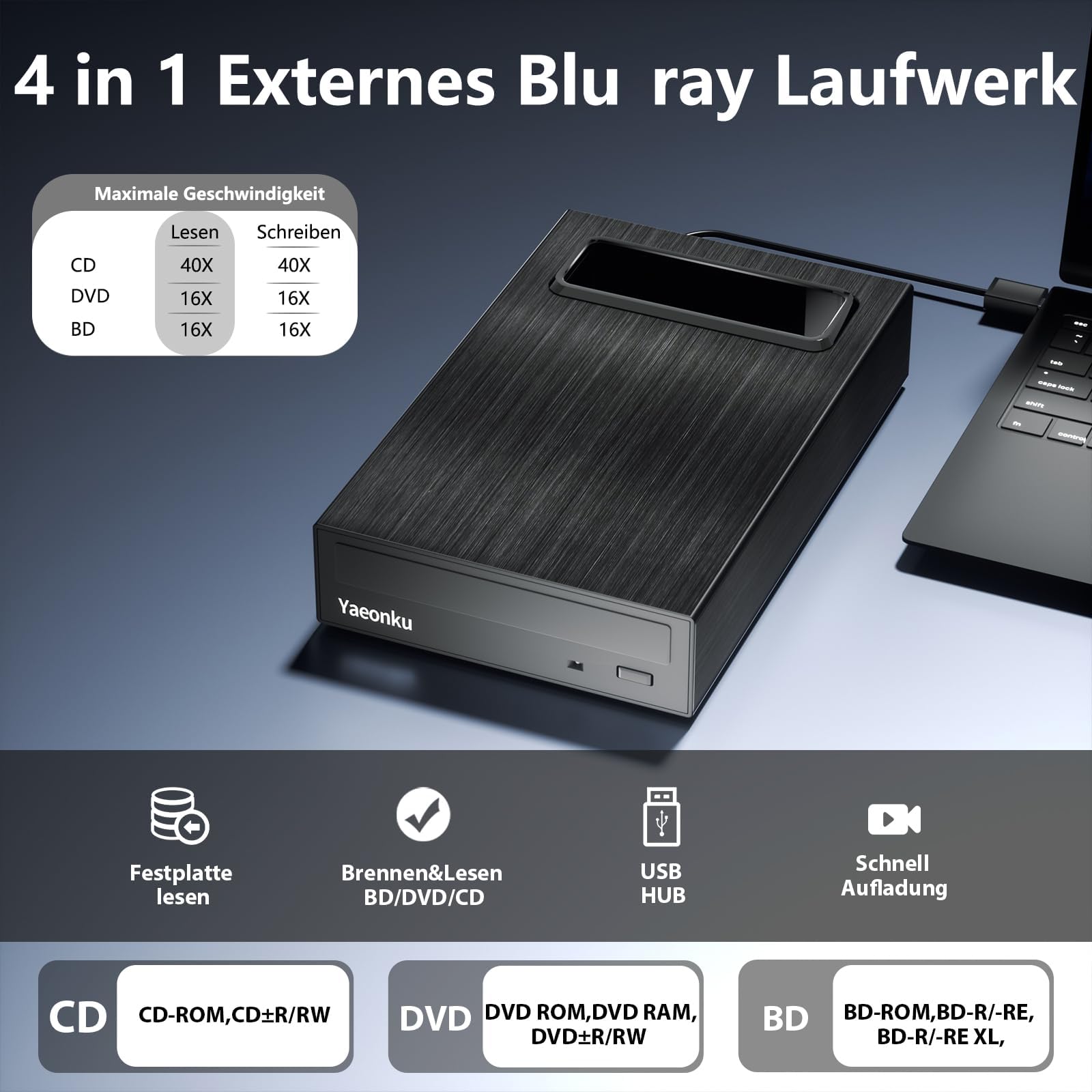 Yaeonku 4-in-1 Externes Blu ray Laufwerk, 16X USB 3.0 und Typ-C Leistungsstarke Desktop Externes Bluray Laufwerk Brenner DVD Brenner Optisches Laufwerk Ladegerät HDD Gehäuse USB HUB für Mac/PC