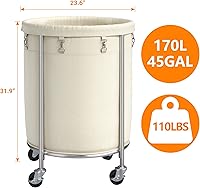 Vista 2 de ELYKEN Cesta de lavandería con ruedas, cesta de lavandería rodante de 170L con bolsa extraíble y marco de acero, carrito de lavandería redondo con 4