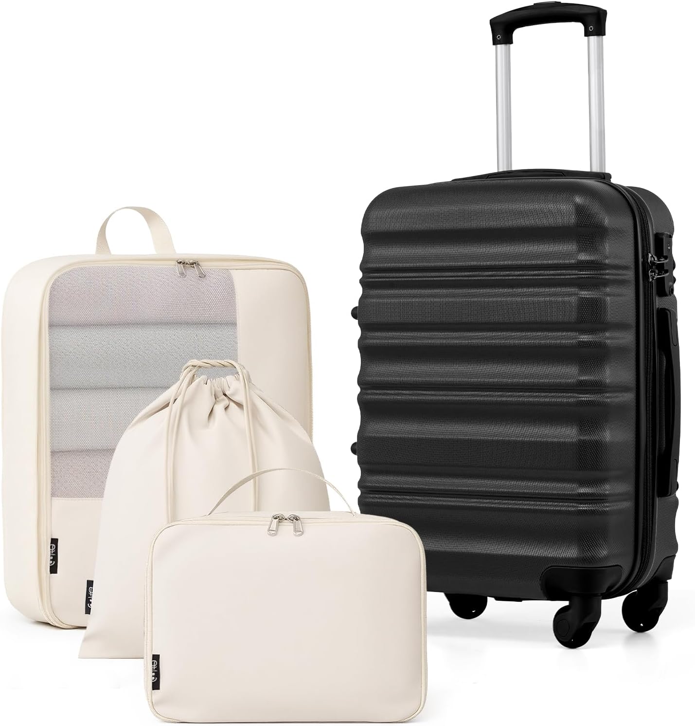 Carry On Suitcase with 1 Shoe Bag + 1 Toiletry Bag + 1 Travel Organizer, ABS+PC Cabin Suitcase with Wheels & TSA Lock
