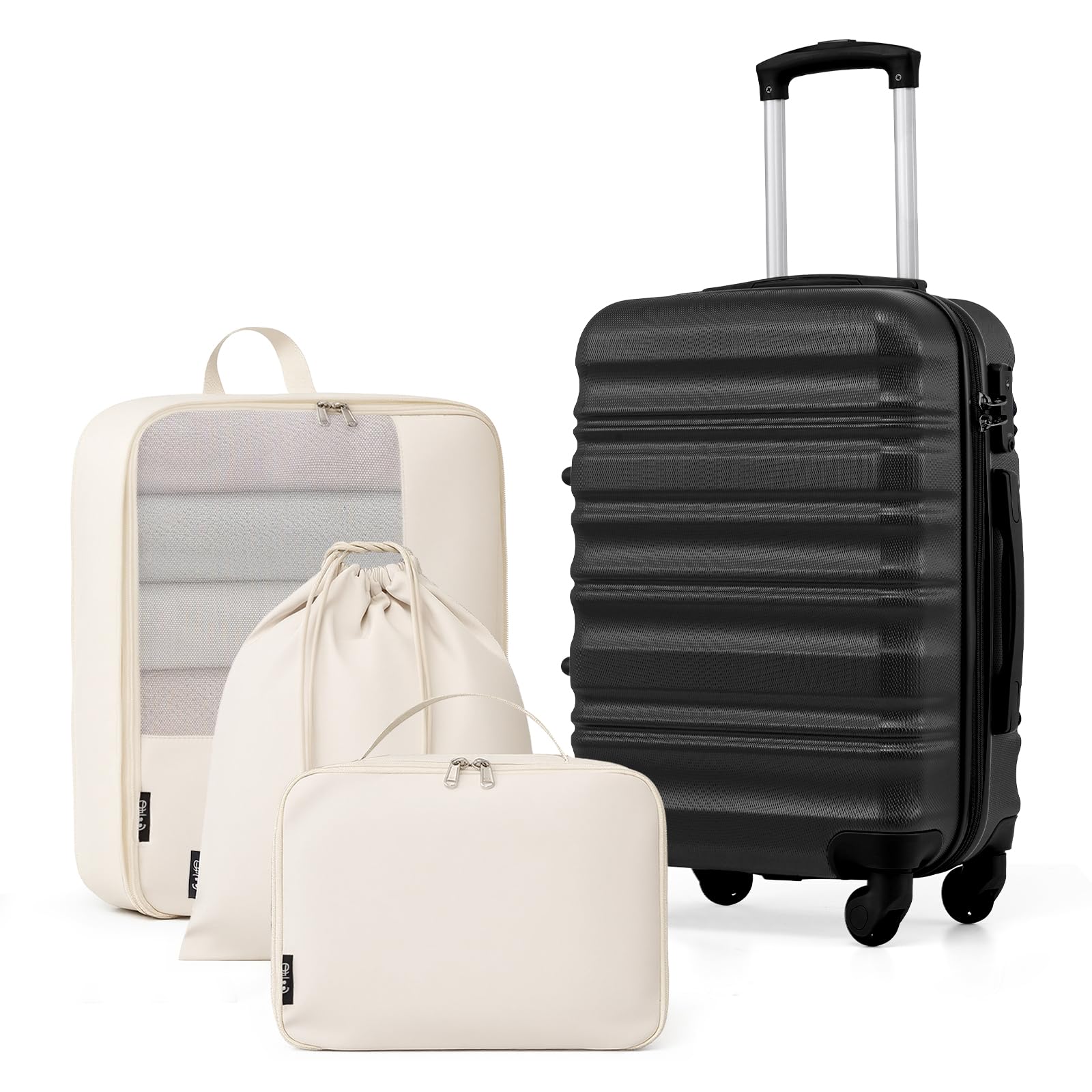 COOLIFE Handgepäck Koffer Set 20 Zoll, ABS+PC Hartschalenkoffer mit Rollen & TSA-Schloss, Enthält 1 Schuhbeutel + 1 Kulturbeutel + 1 Reise-Organizertasche (Schwarz, 4-TLG Handgepäck-Set)