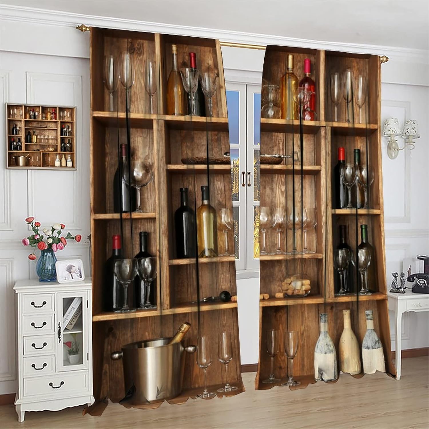 Wine Kitchen Curtains,Vintage Wooden Wine Cabinet Thermal Blackout Window Drapes,Red Wine Glass Bottle Print Suitable for Bar Cafe Living Room,Rod Pocket,2 Panels 42x45 Inch