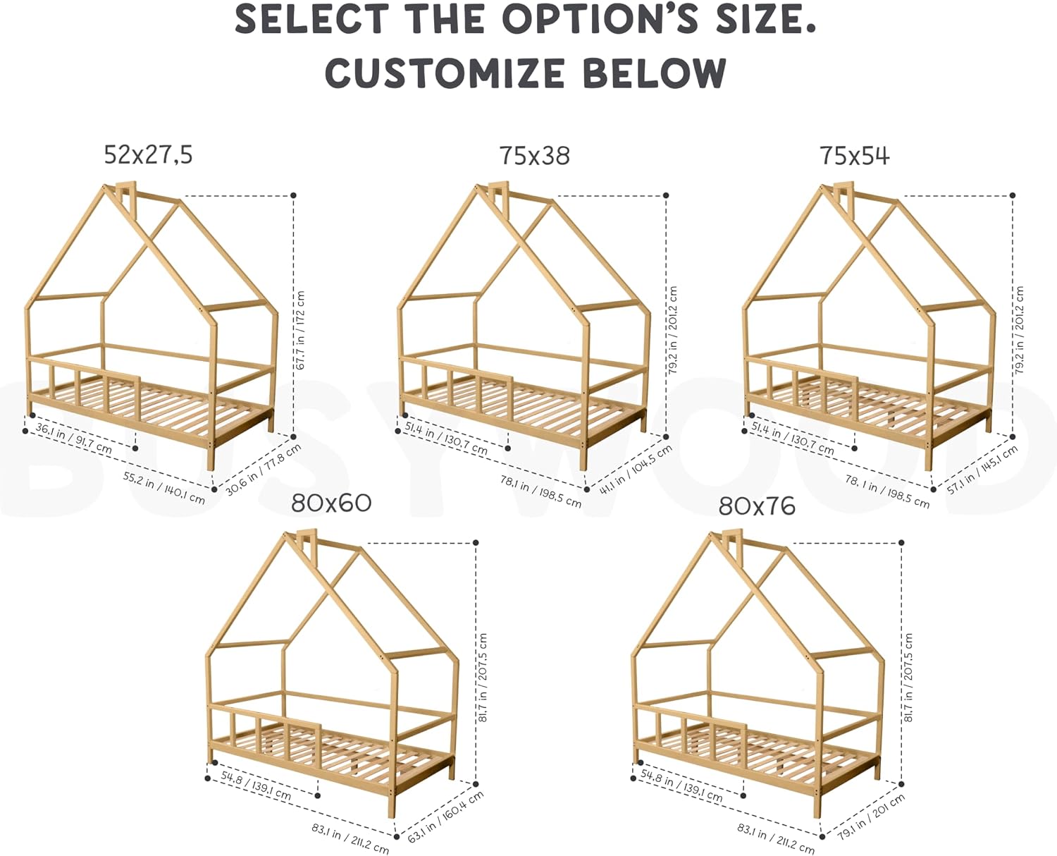 BUSY WOOD Child Toddler Bed with House Roof - Montessori Kidd Bed with Rails - White Bedframe with Legs for Toddlers - Bedframe Twin - Full Size Bed for Kids - Toddler Bed (Model 15)