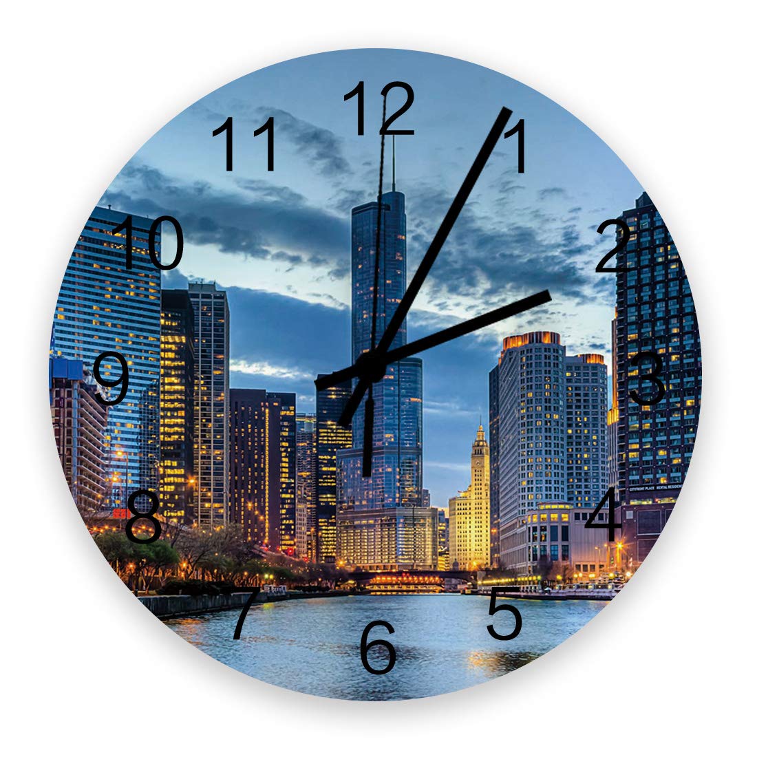 Aomike 12 Inch Wall Clock The Beautiful City Landscape of Chicago Wall Clock Decorative, Battery Operated Round Wall Clock for Kitchen/Dining Room/Bedroom/Office/School