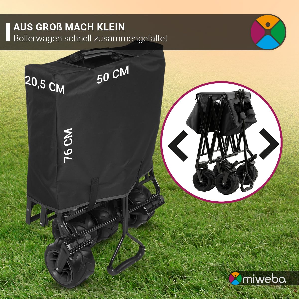 Miweba Faltbarer Bollerwagen MB-30 | Traglast 120 kg - Klappbar - Handwagen faltbar - Transportwagen für Kinder - Kinderwagen - Gartenwagen - Wagen - Strandwagen - Faltwagen (Grau)