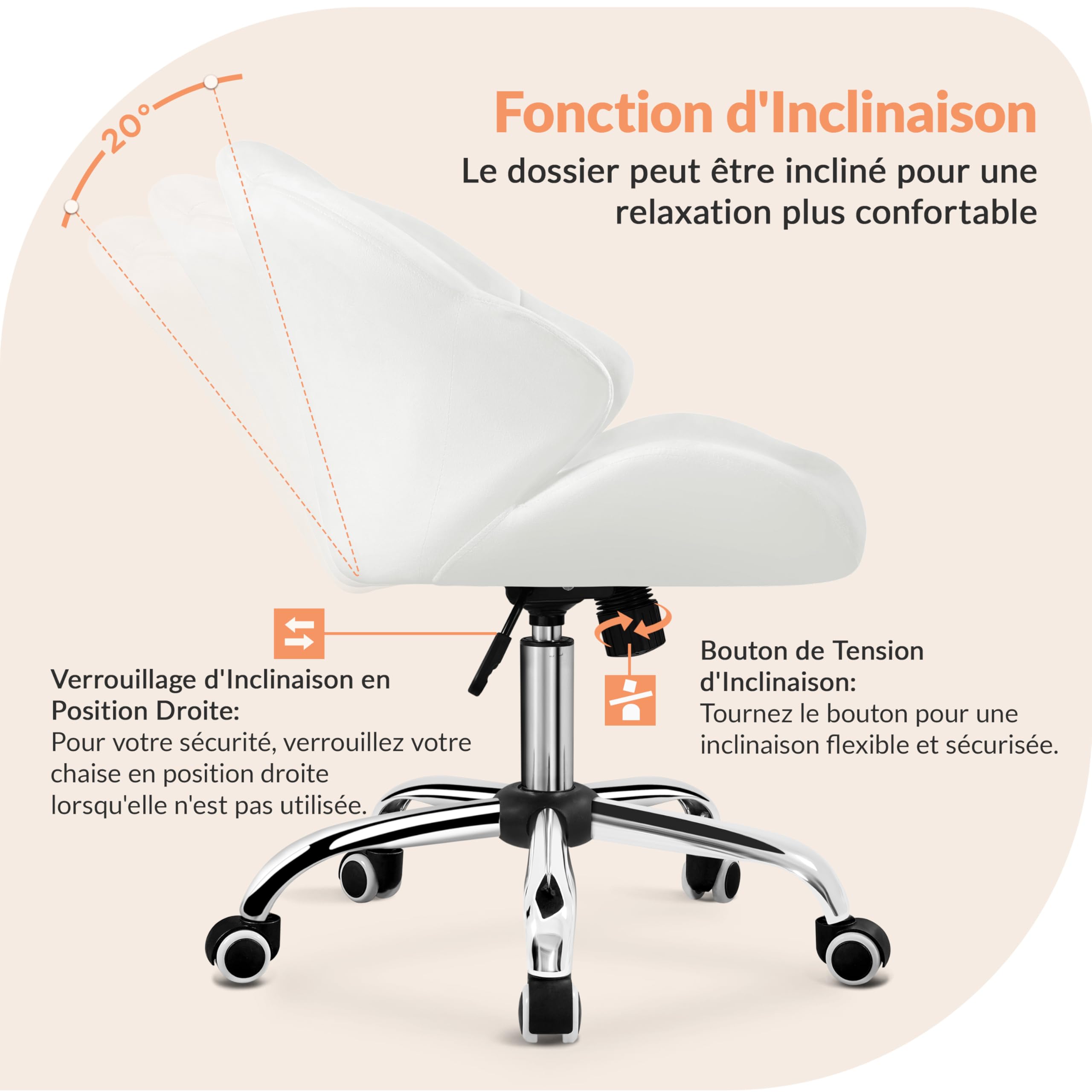 Yaheetech Chaise de Bureau Ergonomique Fauteuil Coquillage avec Dossier en Velours Réglable en Hauteur Chaise Pivotante Fauteuil Maquillage pour Bureau, Salon, Chambre Charge 136kg Blanc/Velours