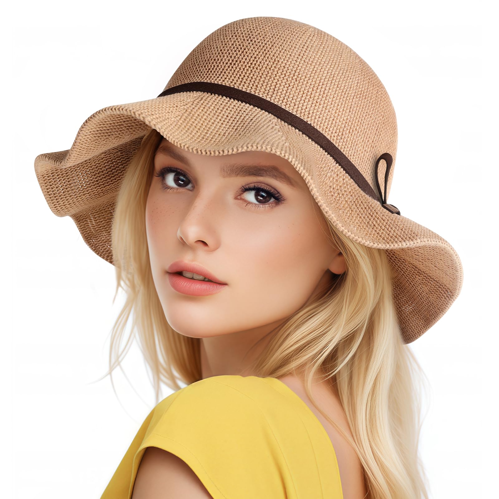 Sombreros de playa para mujer, protección solar UPF 50+, protección solar UV, sombrero tejido de ala ancha, plegable, plegable, de punto, Caqui, Talla única