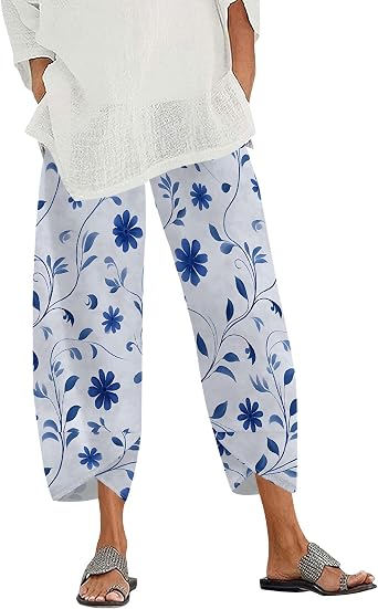 Cropped Pants for Women Trendy Casual Plus Size Floral Lightweight Elastic Waist Beach Trousers with Pockets