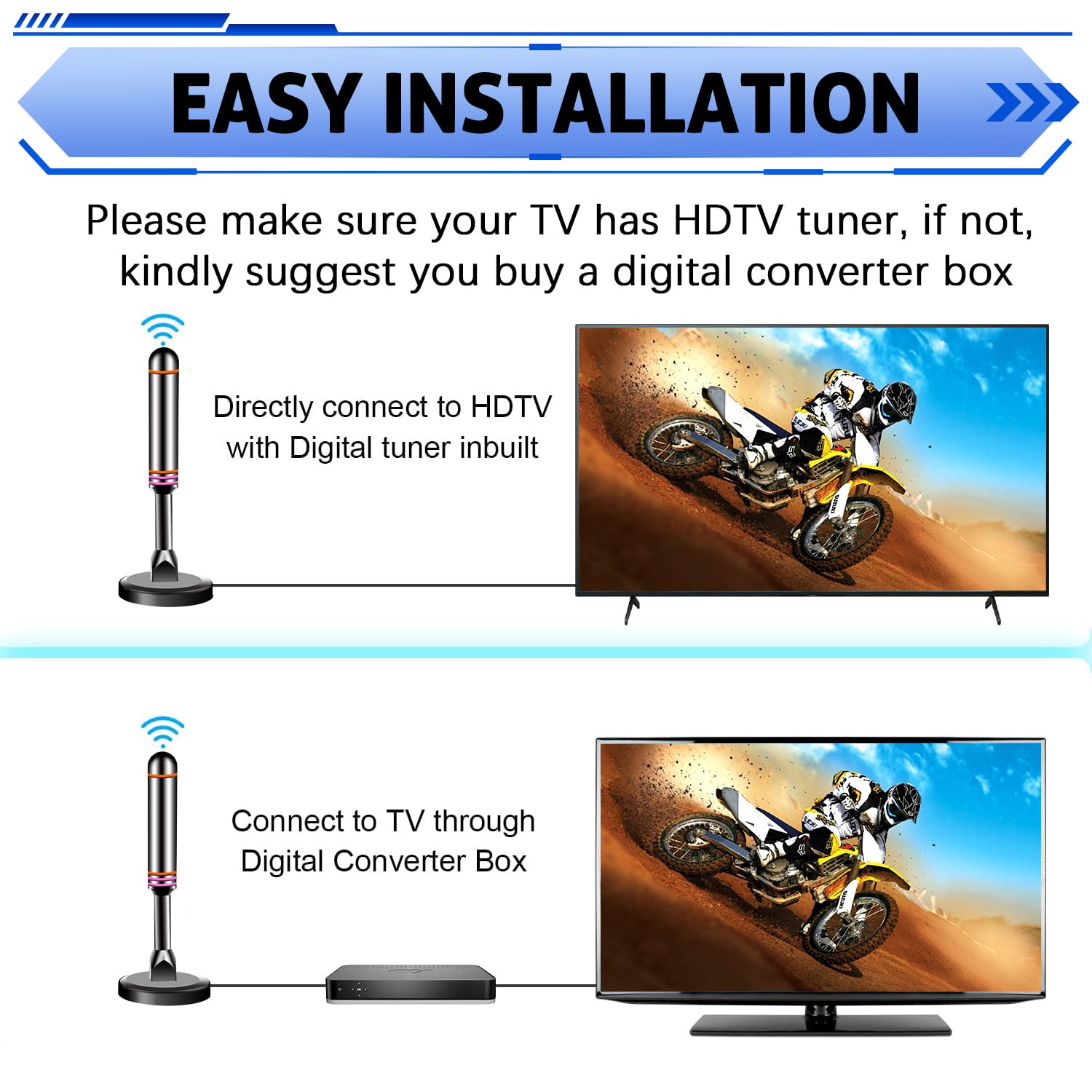 Antenna TV digitale per Smart TV da interni, antenna TV per canali locali in 4K 1080P, portata 52,9 miglia e ricezione a 360°, antenna HDTV con base magnetica, cavo coassiale da 2,4 m per una facile