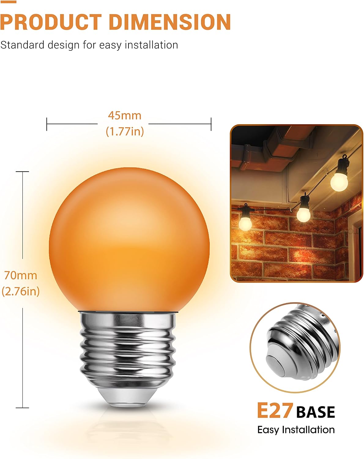 JandCase G40 Orange LED Light bulbs,15 watt light bulbs replacement, Orange String Light Bulbs E26 Base, 1W Low Watt Globe Light Bulb for Indoor Outdoor Patio Decor, Colored light bulbs Non-dim,3 Pack
