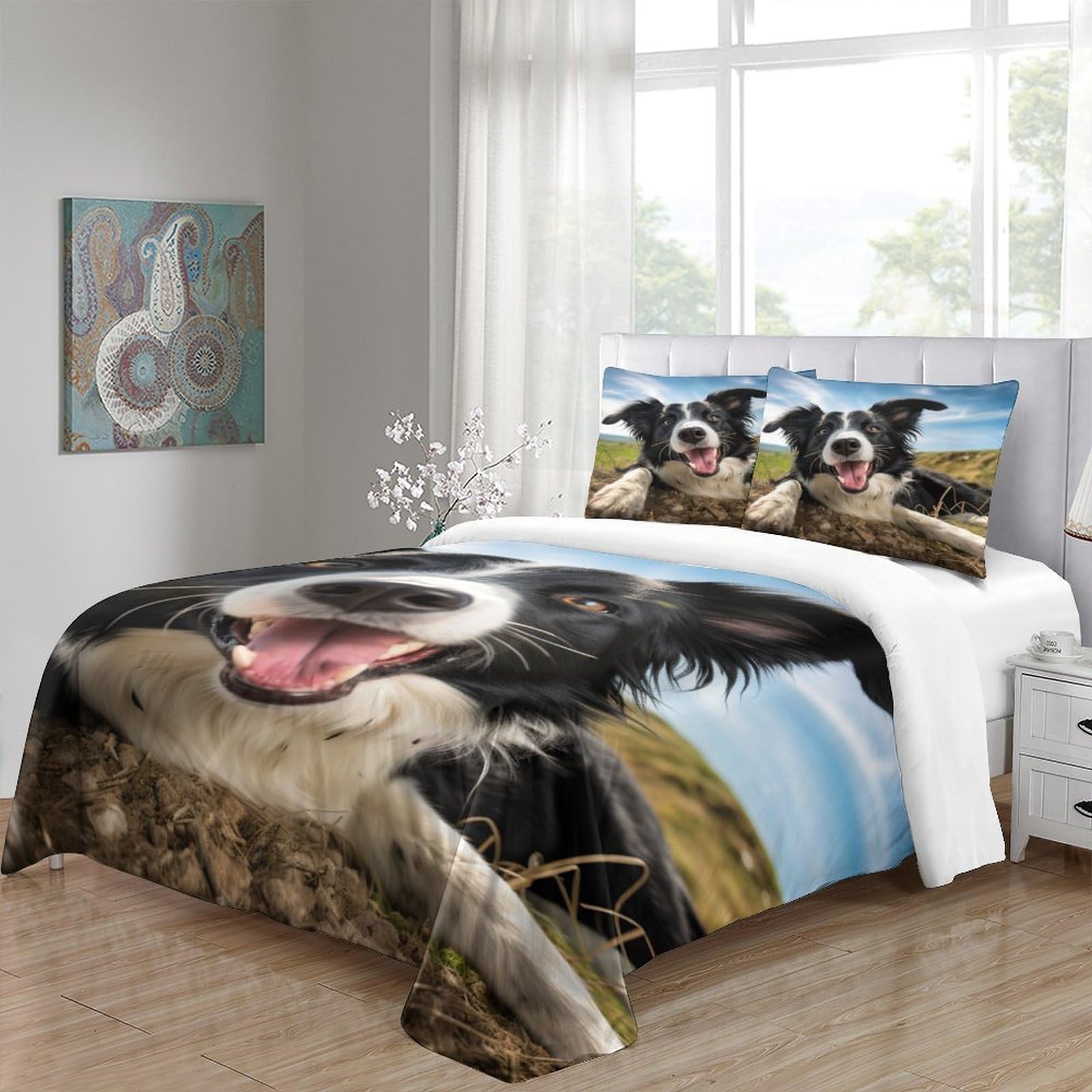 Carino Border Collie Set Copripiumino Con Stampa 3D Stampa Set Di Biancheria Da Letto Con Copriletto in Microfibra Copripiumino Soft Chic 3 Pezzi Per Adulti E Ragazzi Grande（220x240cm）