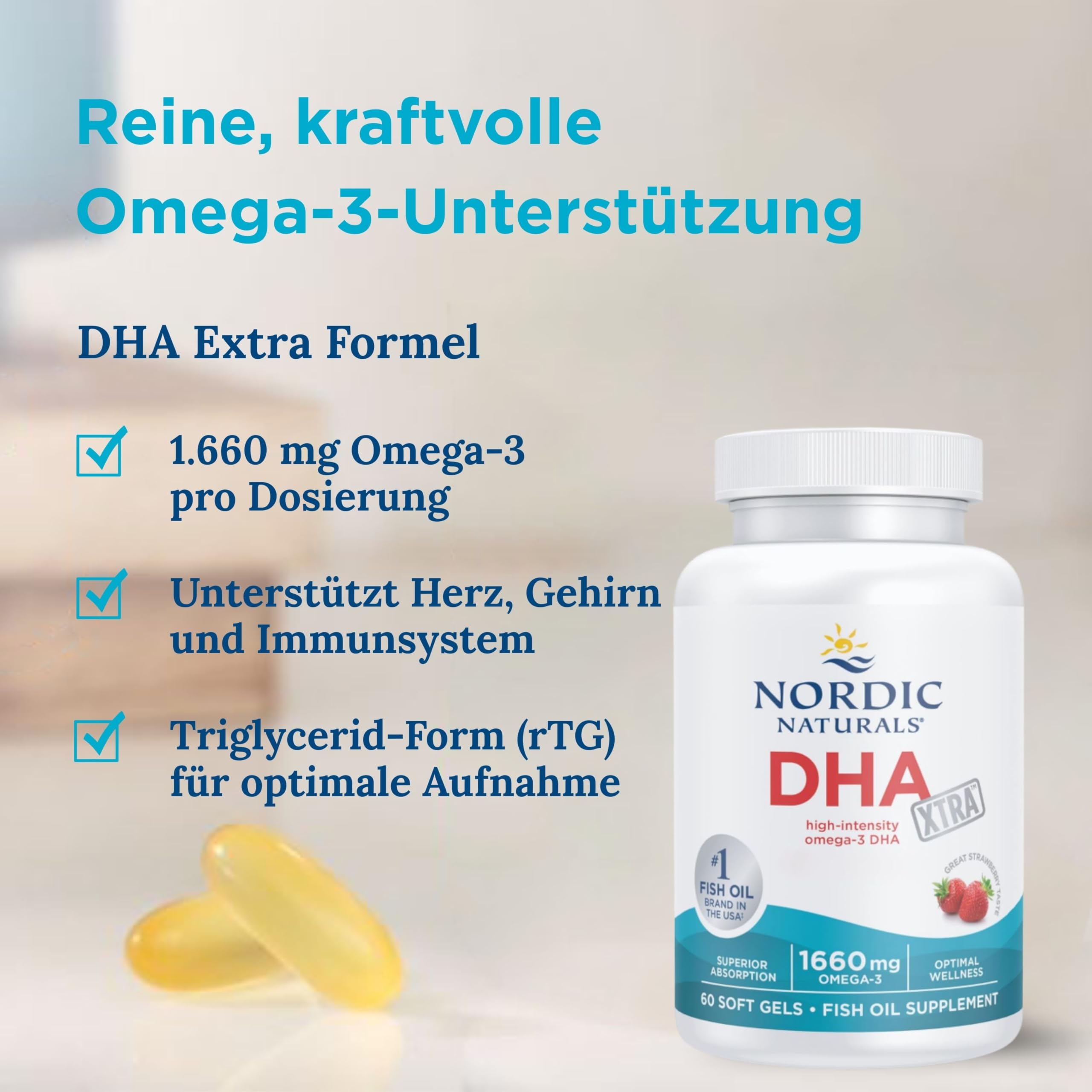Nordic Naturals DHA Xtra 1660 mg, Omega-3-Kapseln mit hoher Stärke, Fischöl mit EPA und DHA, Erdbeer-Geschmack, 60 Weichkapseln, sojafrei, glutenfrei