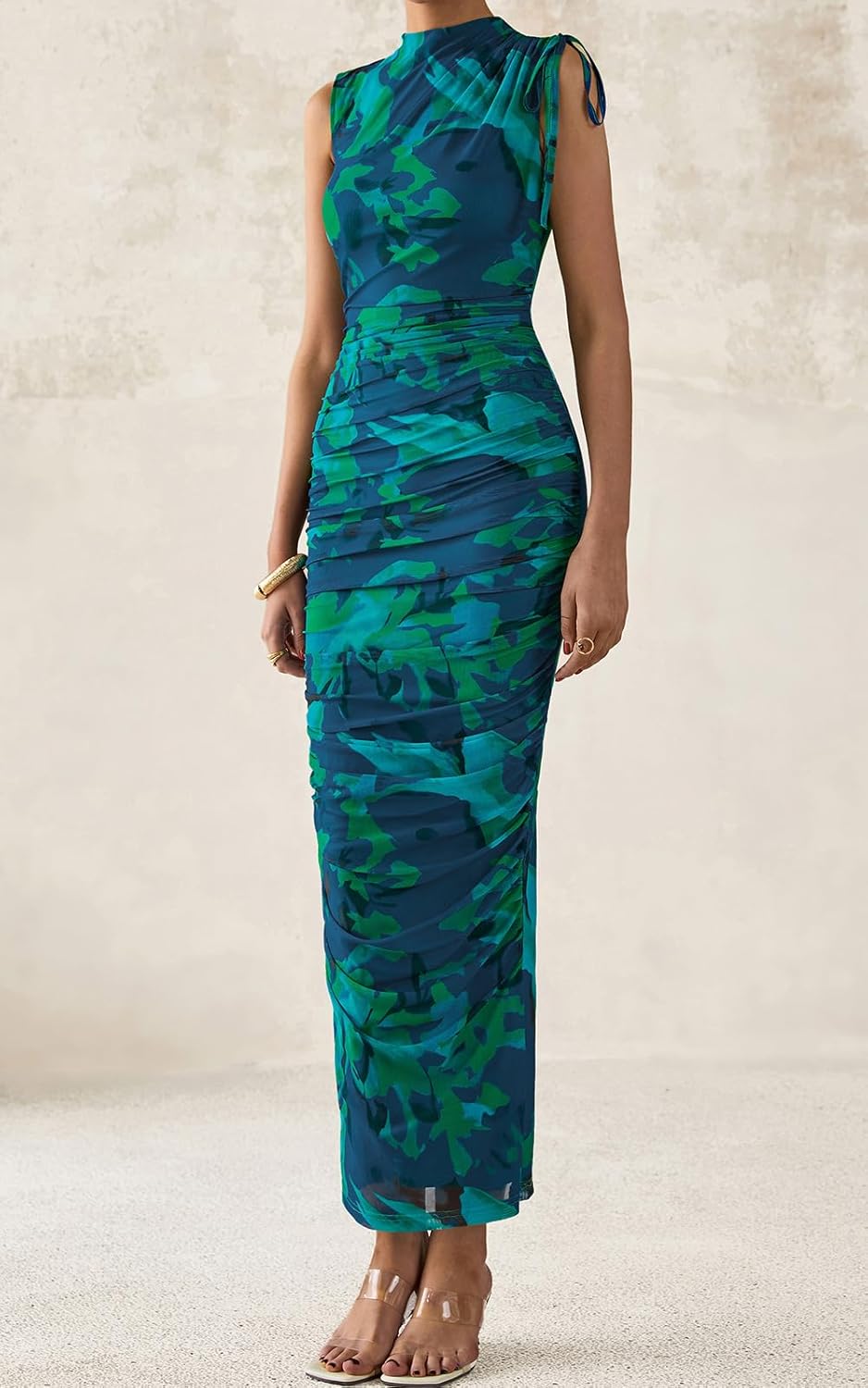 PRETTYGARDEN Women's Summer Maxi Floral Dresses Ruched Bodycon Sleeveless Mesh Formal Wedding Guest Cocktail Split Long Dress - Image 7