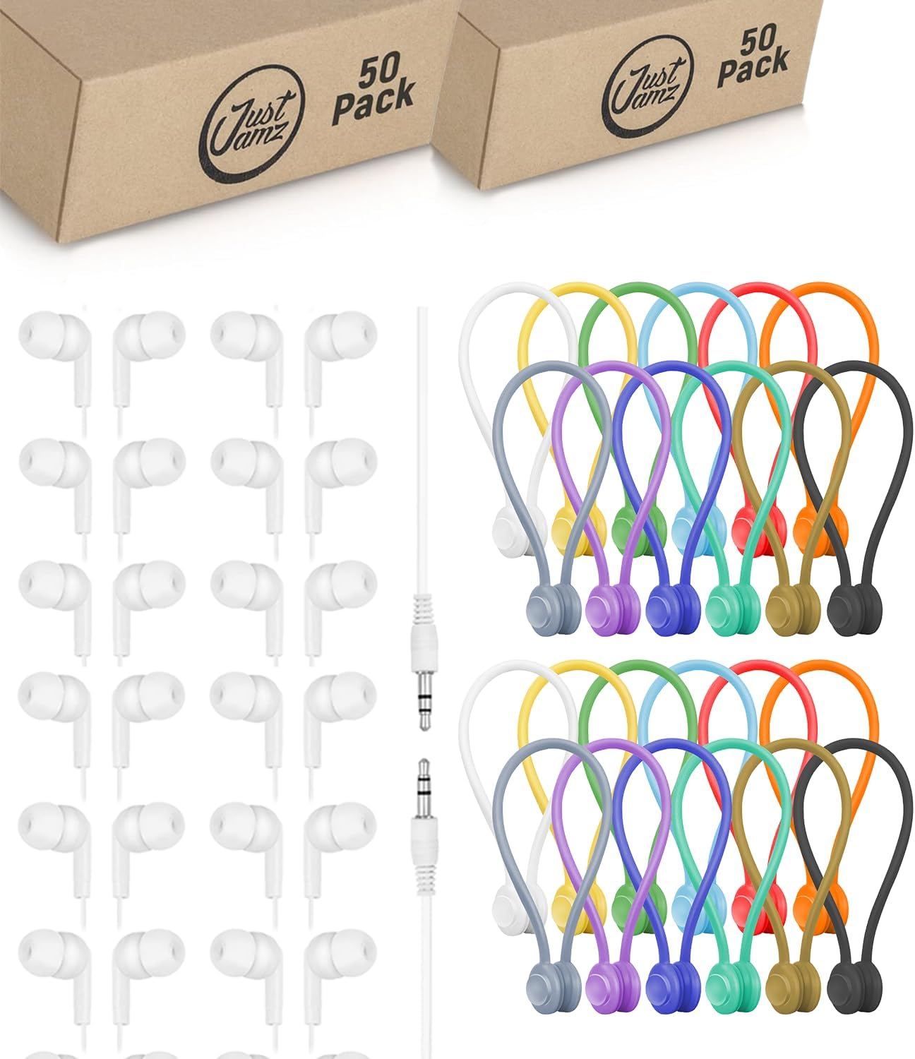 50 Pack Bulk Earbuds + 50 Pack Magnetic Cable Ties – White Wired Ear Buds with 3.5mm Jack and Reusable Magnetic Cord Organizers – Bulk Headphones and Cable Management Set for Classrooms, Offices, and