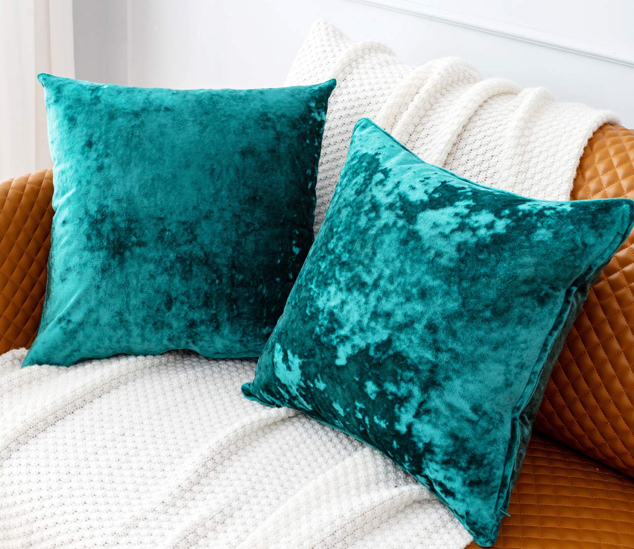 PANDATEX Luxury Crushed Velvet Teal Throw Pillow Covers Pack of 2 for Sofa Couch Chair, 20"x 20" Square Home Plush Decorative Pillowcases Cushion Cover for Bedroom Living Room Car