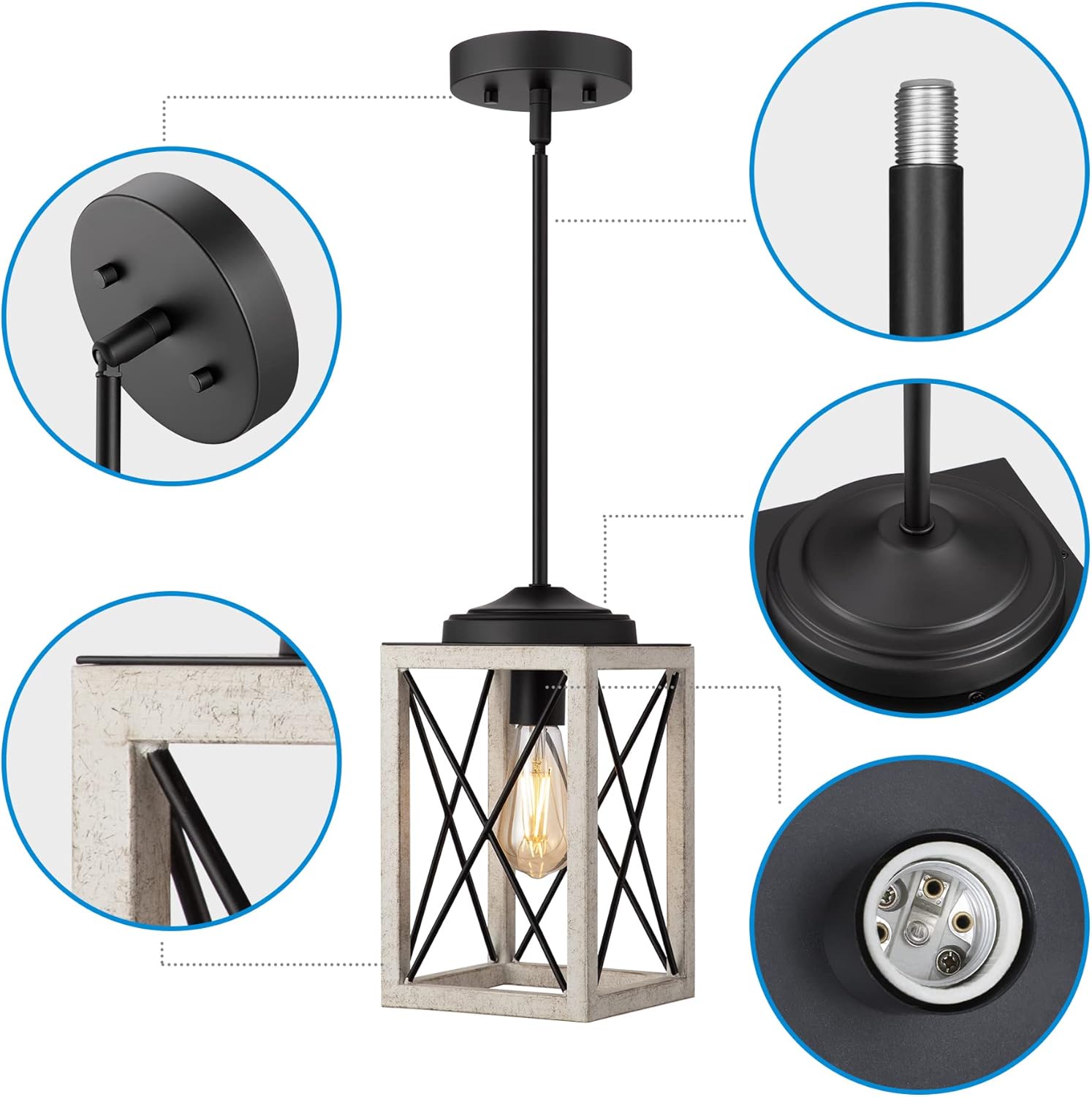 DEWENWILS Pendant Light, Metal Pendant Light Fixtures with Wooden Grain Finish, 48" Adjustable Pipes for Flat and Slop Ceiling, Hanging Ceiling Lamp for Kitchen, Living Room, Bedroom, E26 Base - - 