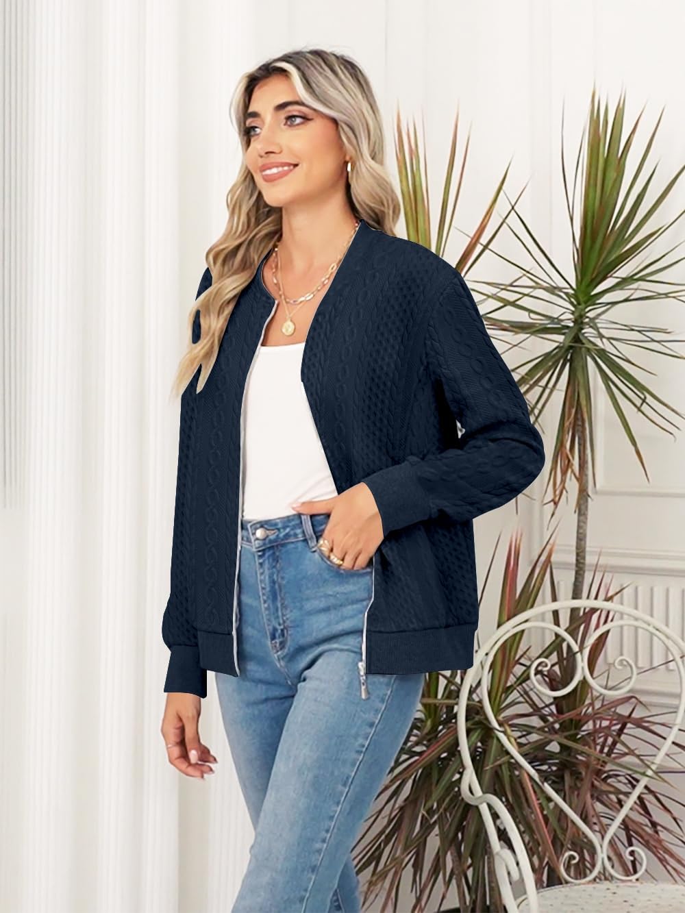 Women's Zip up Sweatshirt Jacket Stand Collar Hoodless Outerwear Casual Coat with Pockets - Image 3