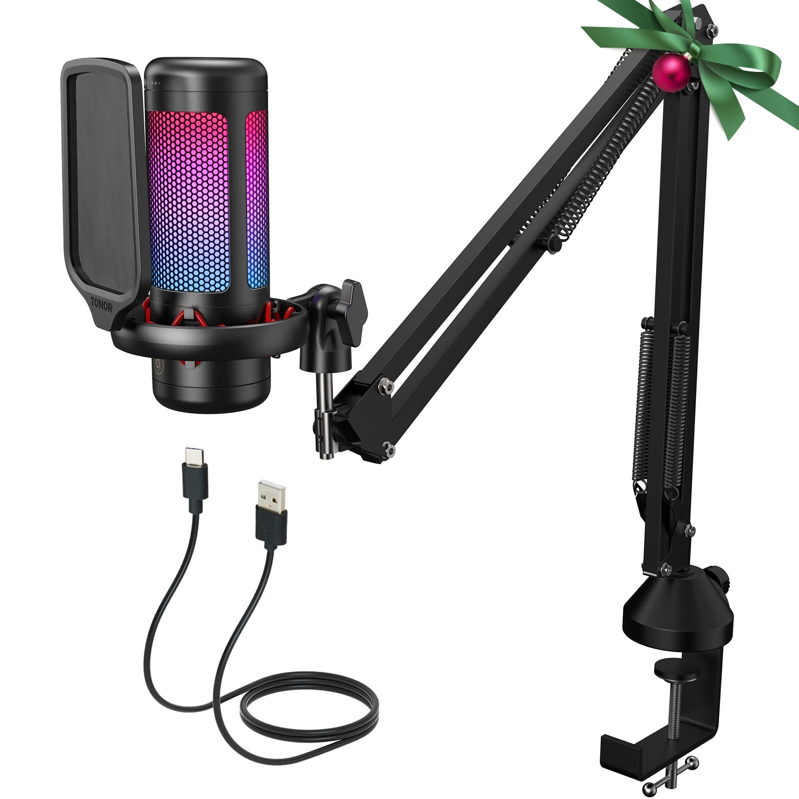 TONOR Gaming Microphone Set with Boom Arm, USB Condenser Mic for PC with Stand, Controllable RGB Lighting Modes & Brightness, Quick Mute, Volume Control, for Twitch Streaming, Discord Chatting TC310+