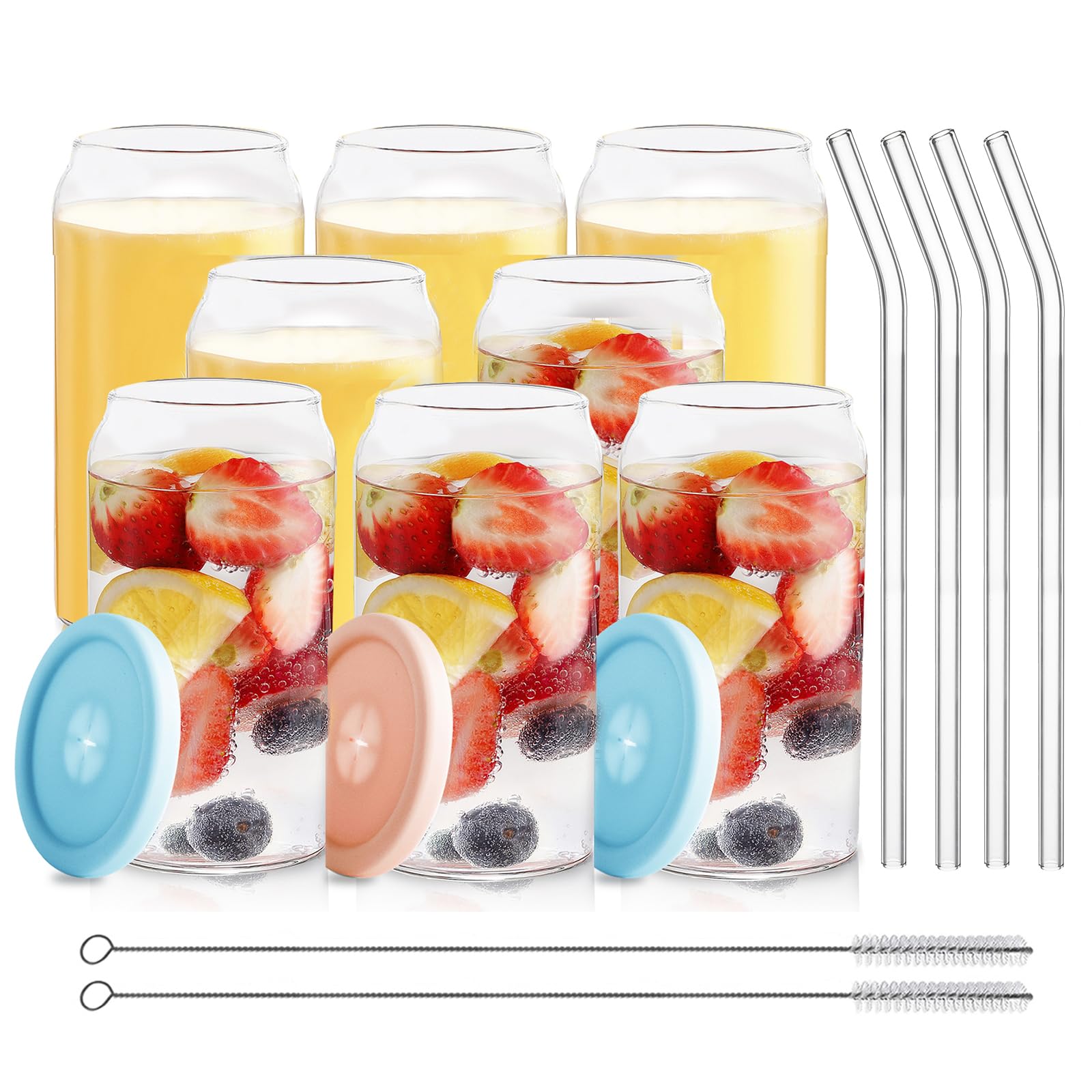 HOMBERKING Glass Cups with Silicone Lids 8pcs, 20oz Can Shaped Glass Cups with Straws, Beer Glasses, Iced Coffee Cups, Cute Tumbler Cup with Cleaning Brush, Ideal for Cocktail, Tea, Gift, Pink & Blue